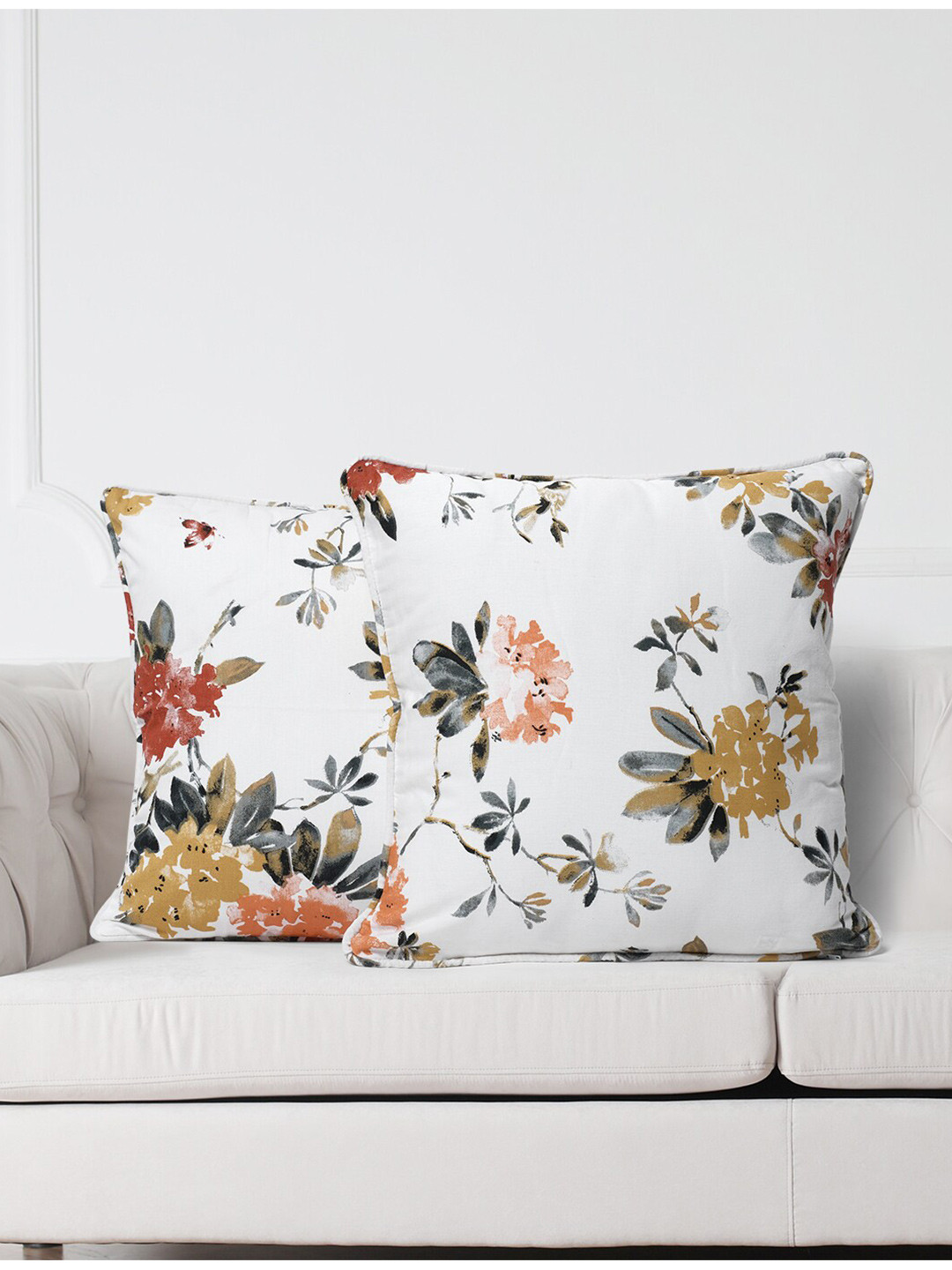 

SWAYAM White & Yellow Set of 2 Floral Square Cushion Covers