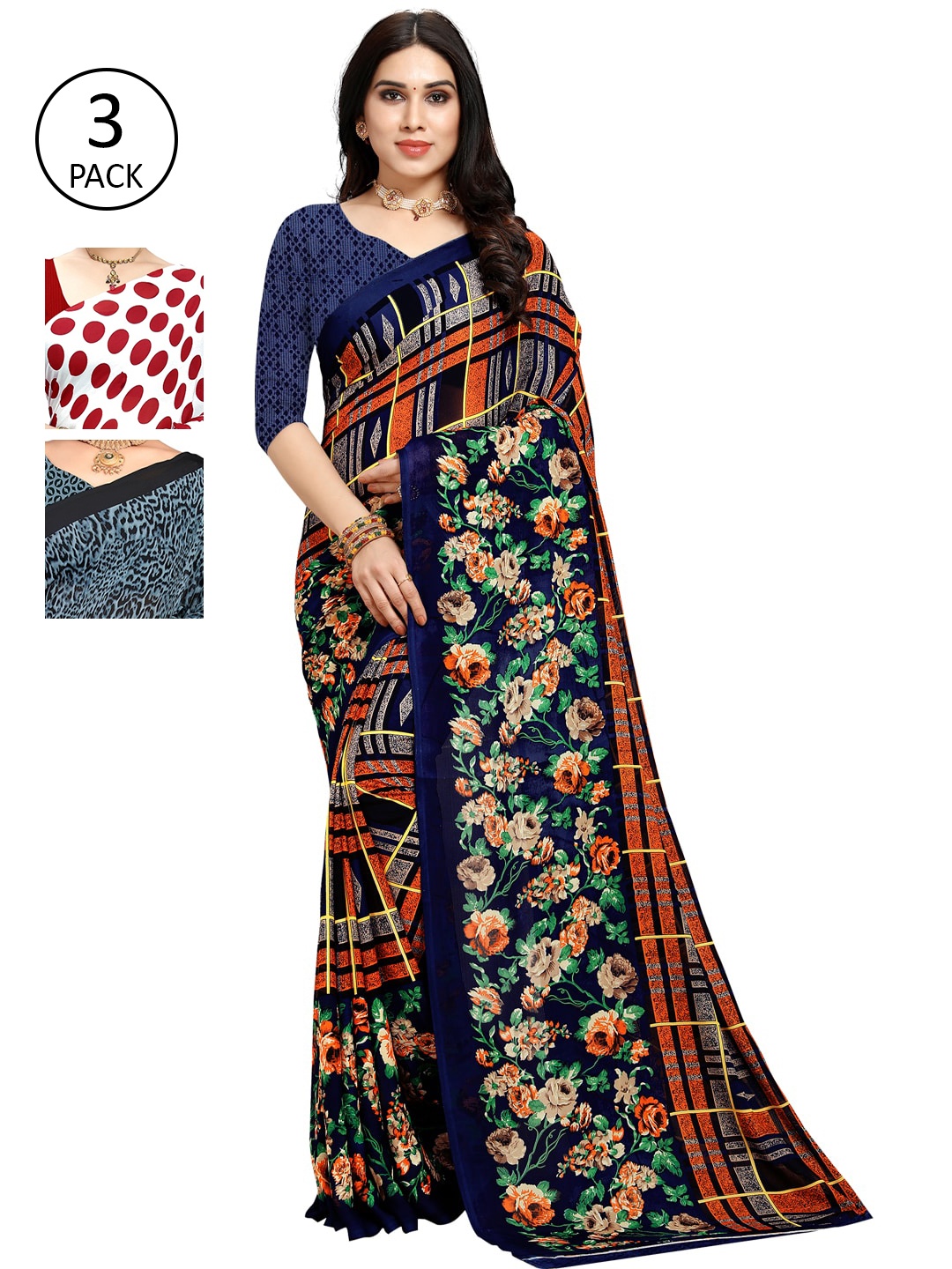 

KALINI Pack of 3 Printed Sarees, Navy blue