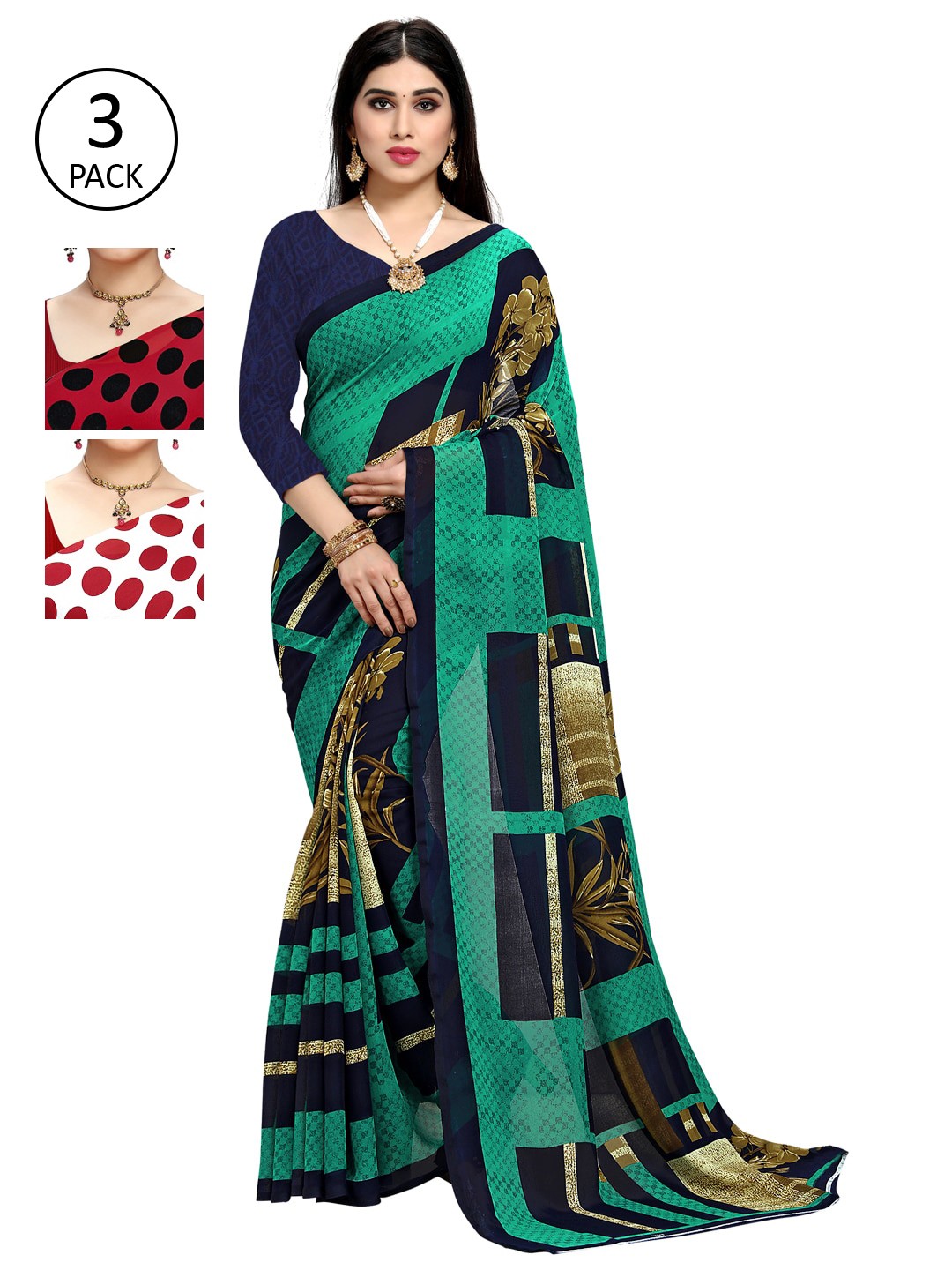 

KALINI Pack of 3 Printed Sarees, White