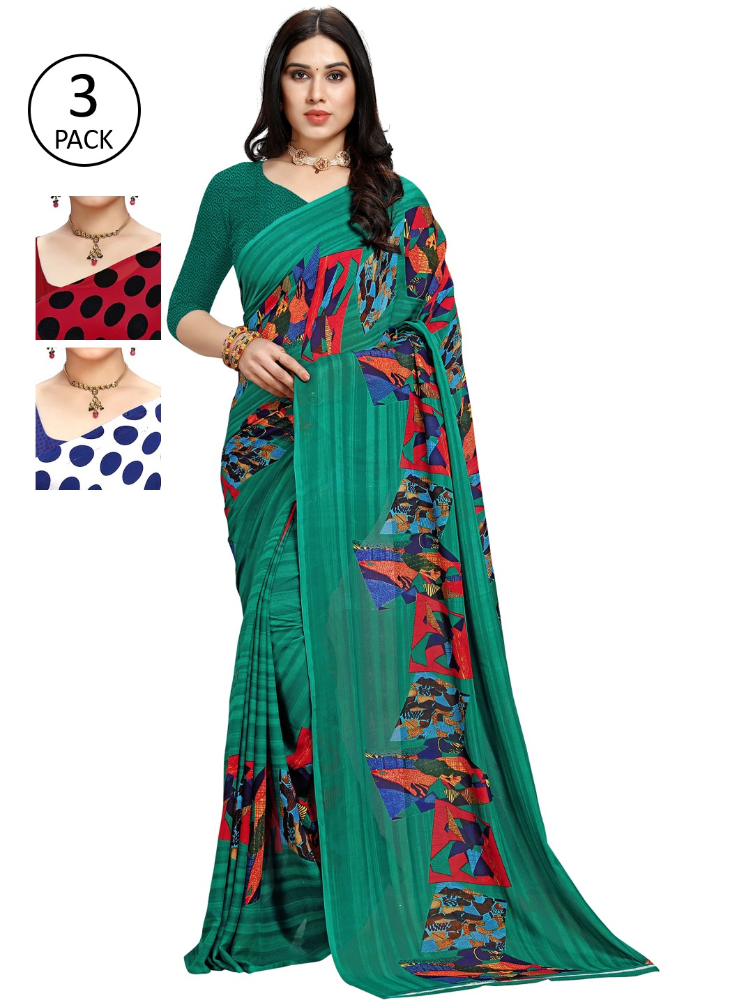 

KALINI Pack of 3 Printed Sarees, Red