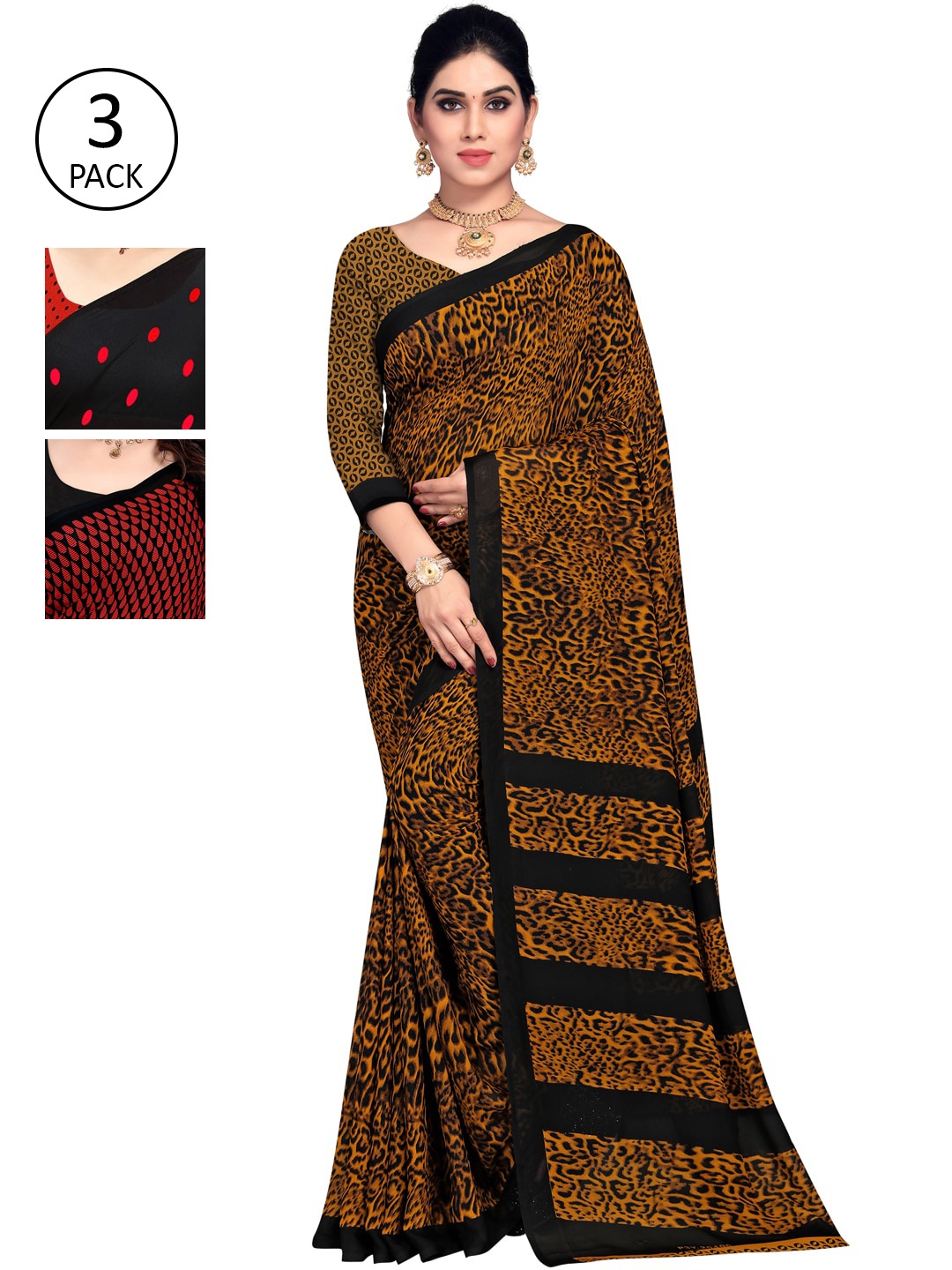 

ANAND SAREES Multicolor Georgette Printed Daily Wear Saree With Unstitched Blouse(Pack of 3), Brown