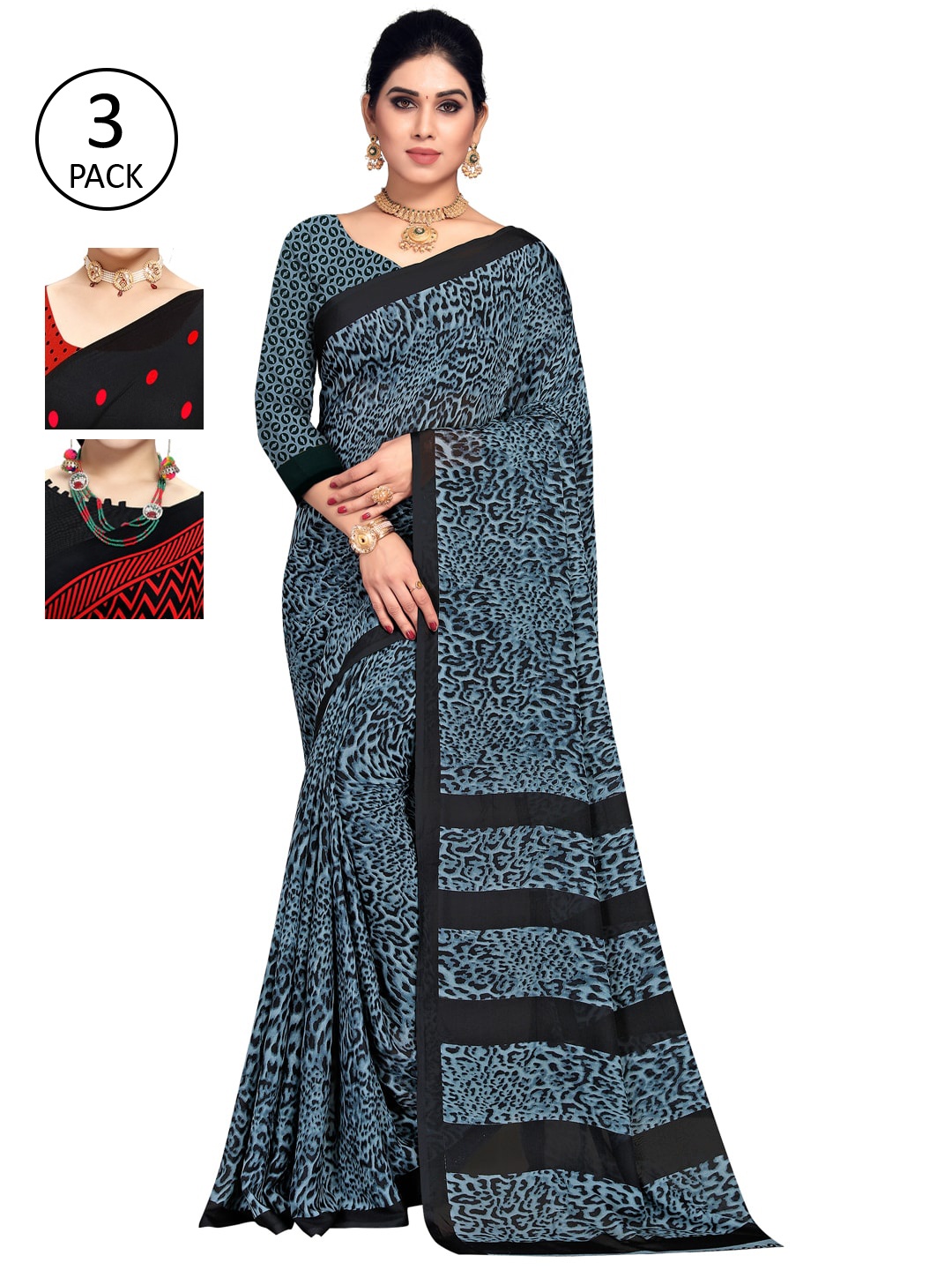 

KALINI Women Women Pack of 3 Printed Sarees, Red