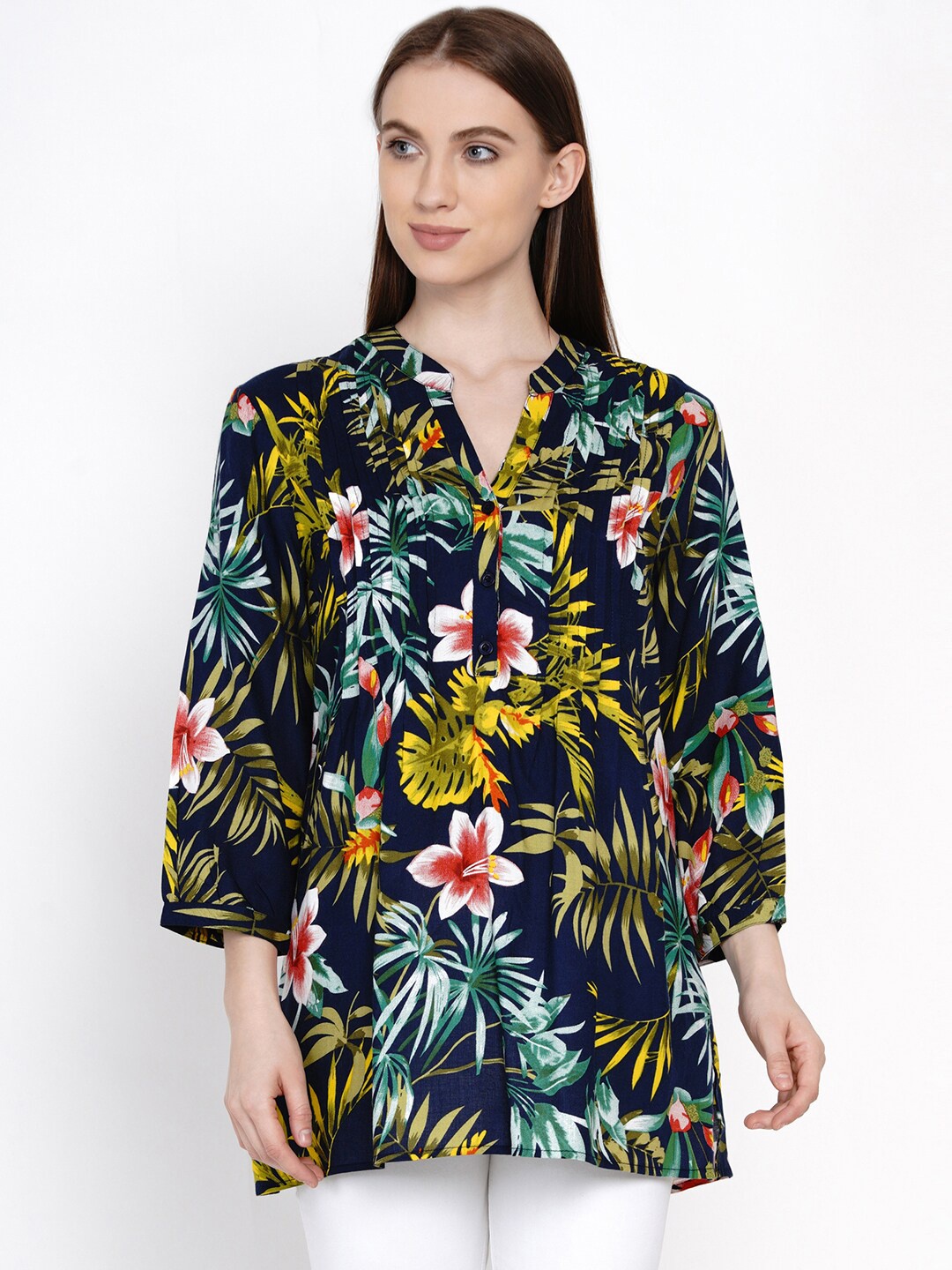

IX IMPRESSION Navy Blue Tropical Printed Mandarin Collar A-Line Top