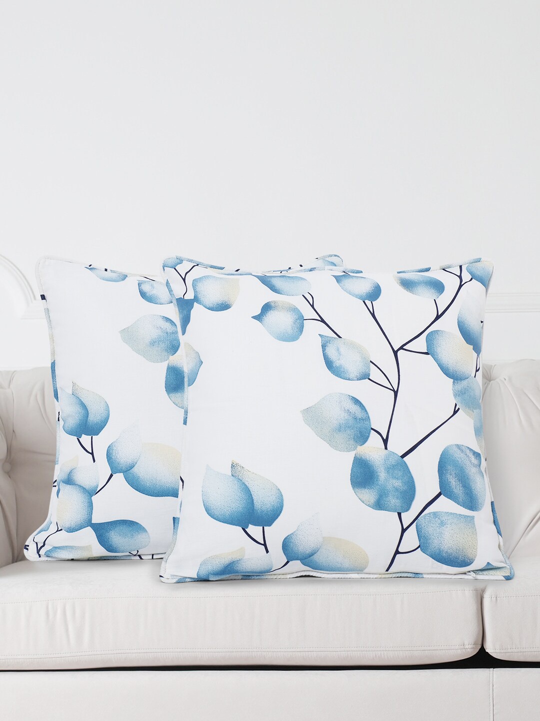 

SWAYAM White & Blue Set of 2 Floral Square Cushion Covers