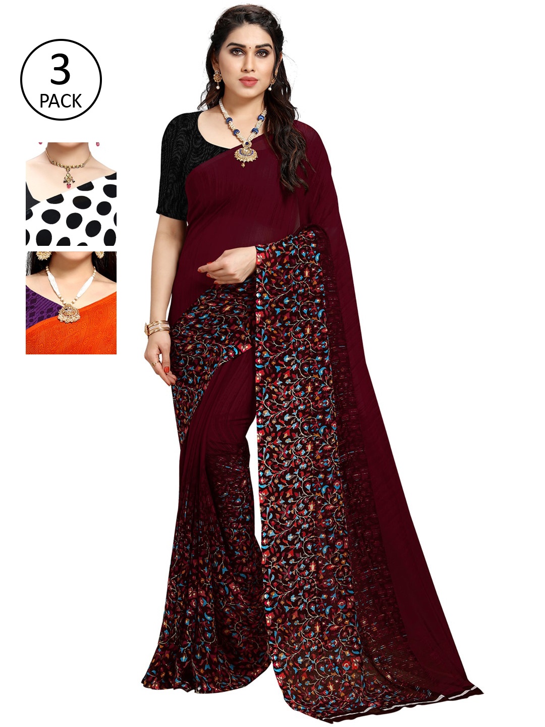 

KALINI Women Pack of 3 Printed Sarees, White