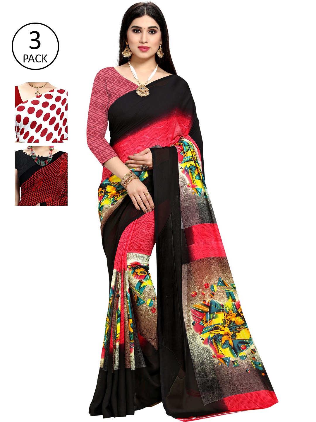 

KALINI Set Of 3 Multicoloured Poly Georgette Printed Sarees, Multi