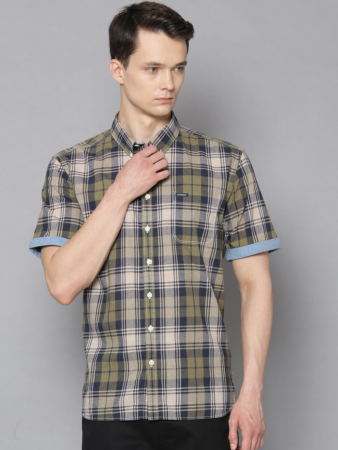 

LINDBERGH Men Olive Green Tartan Checks Checked Casual Shirt