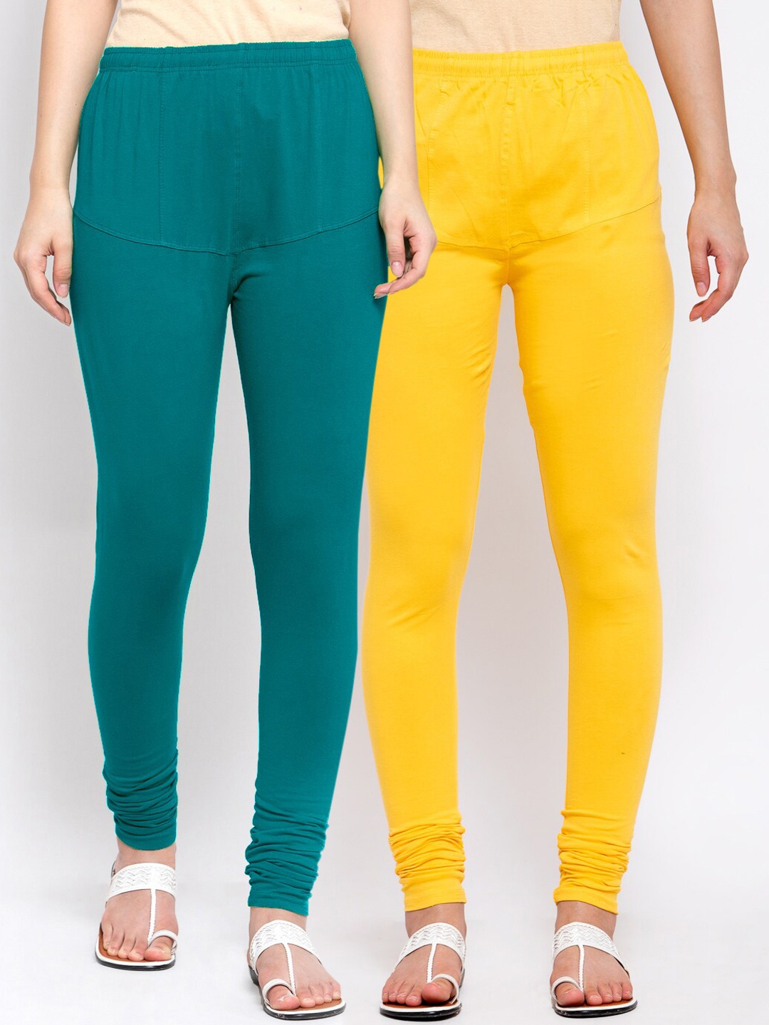 

KLOTTHE Women Pack Of 2 Solid Cotton Churidar-Length Leggings, Turquoise blue