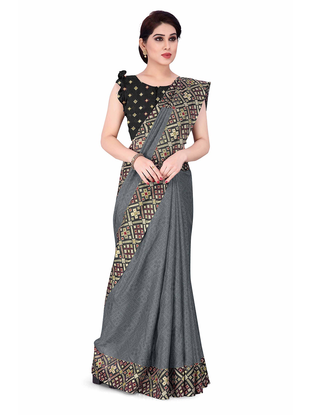 

KALINI Grey & Beige Supernet Geometric Printed Kota Saree
