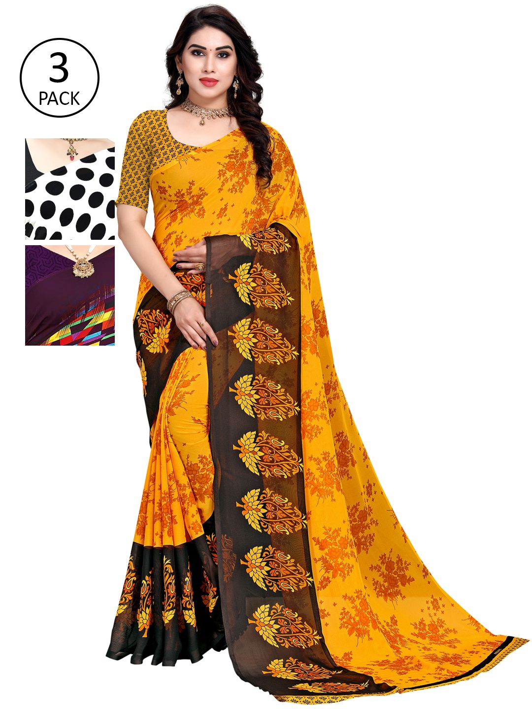 

KALINI Women Pack Of 3 Printed Poly Georgette Saree, Yellow