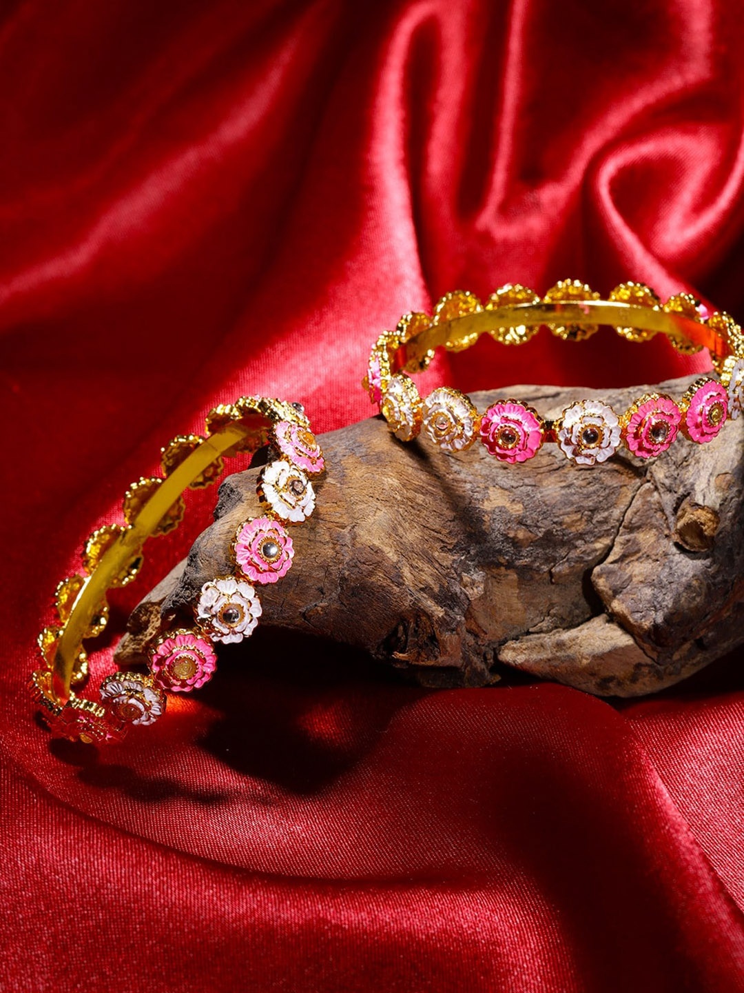 

Priyaasi Set Of 2 Gold-Plated Pink & White Stone-Studded Handcrafted Meenakari Bangles