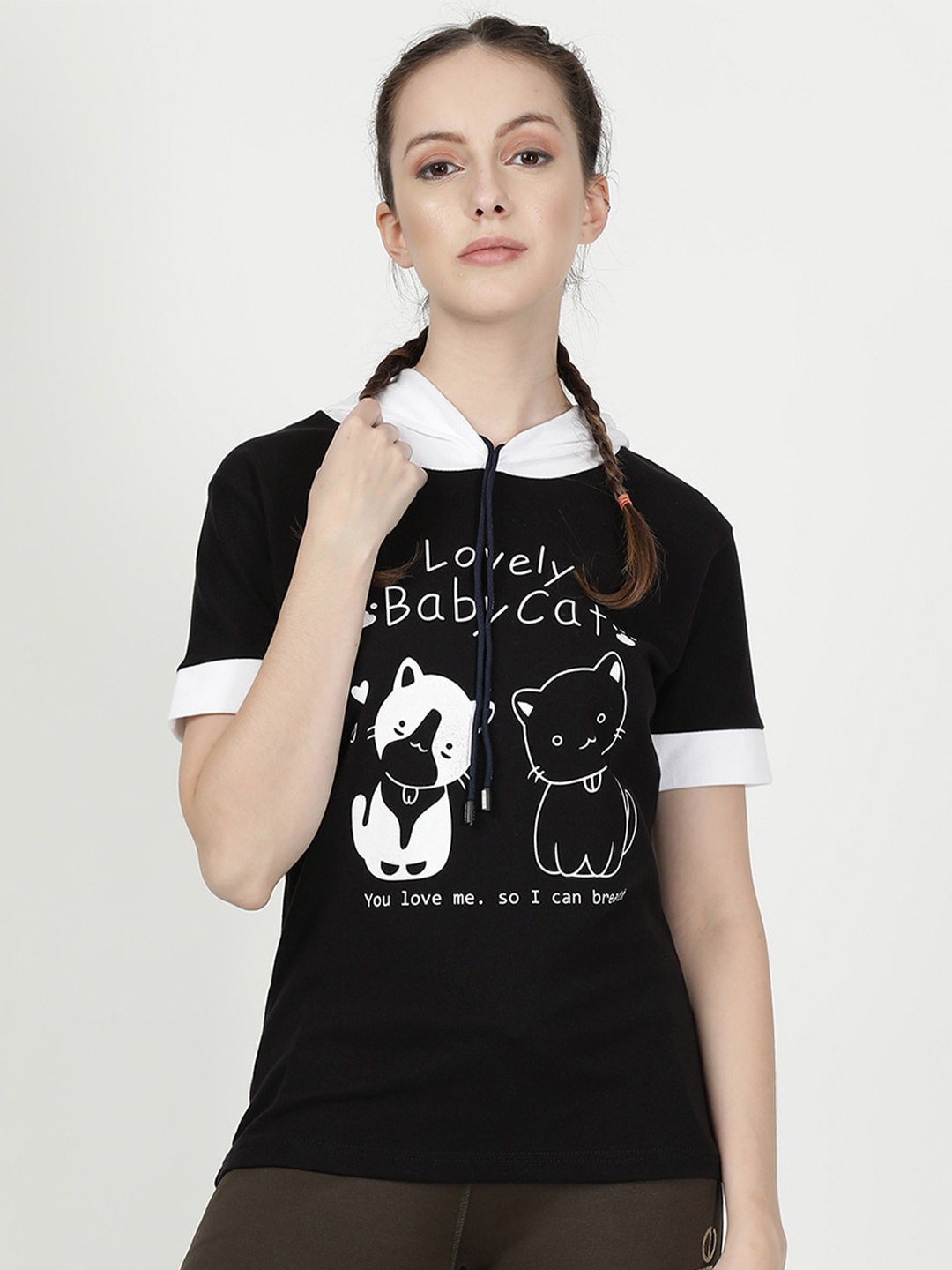 

V2 Value & Variety Women Black & White Printed Hooded Cotton T-shirt
