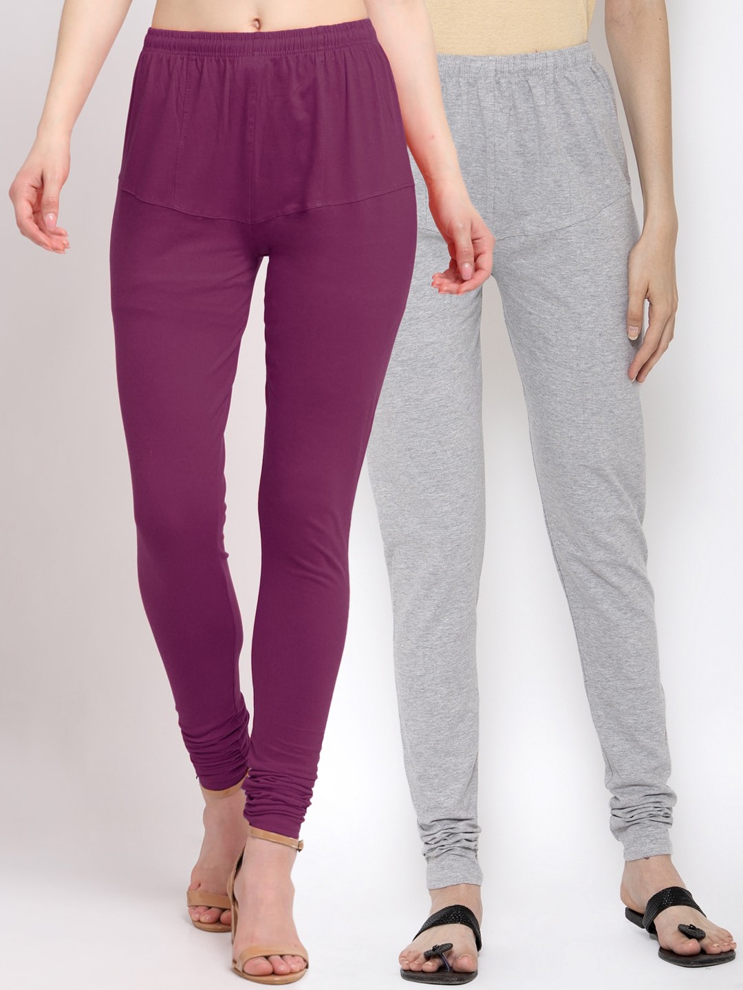 

KLOTTHE Women Pack of 2 Purple & Grey Solid Churidar-Length Cotton Leggings