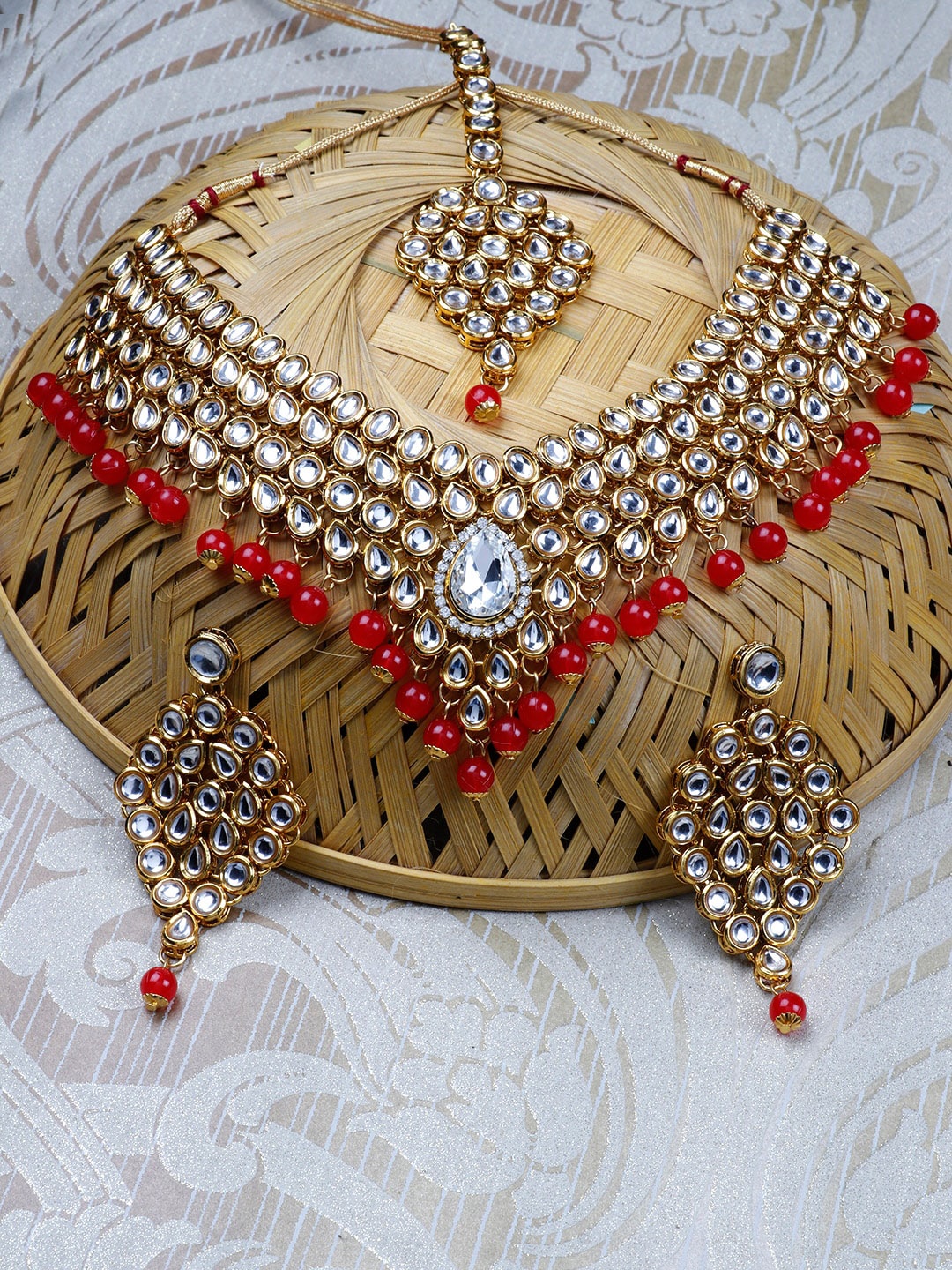 

Priyaasi Gold-Plated White & Red Kundan-Studded Beads Handcrafted Jewellery Set