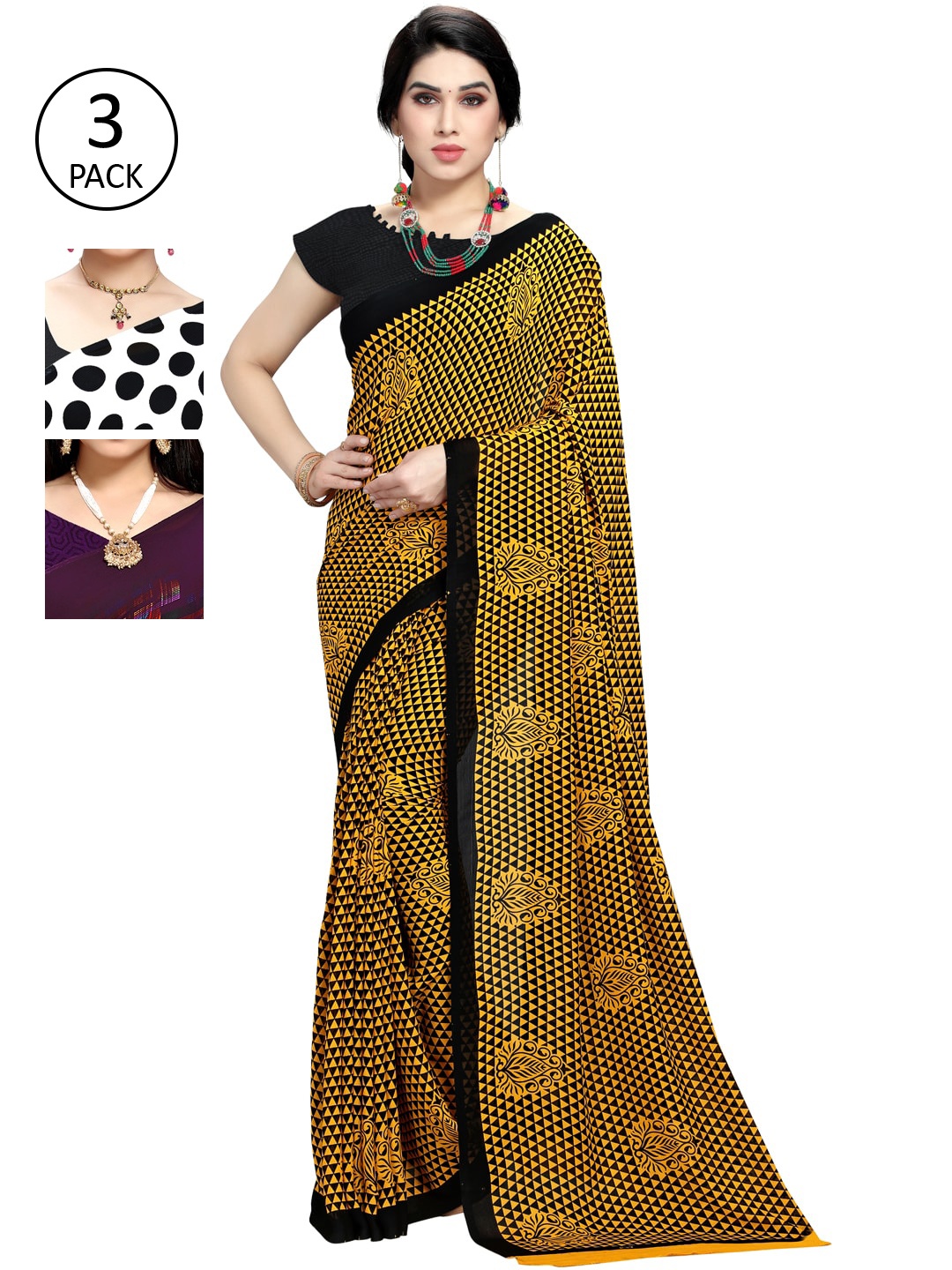 

KALINI Women Pack Of 3 Poly Georgette Saree, Yellow