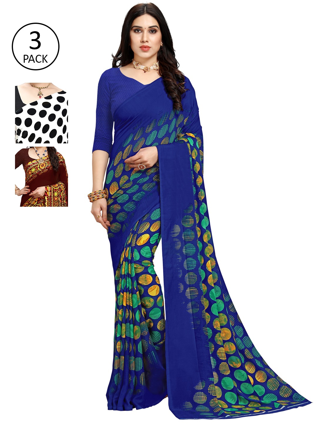 

KALINI Pack Of 3 Printed Sarees, White