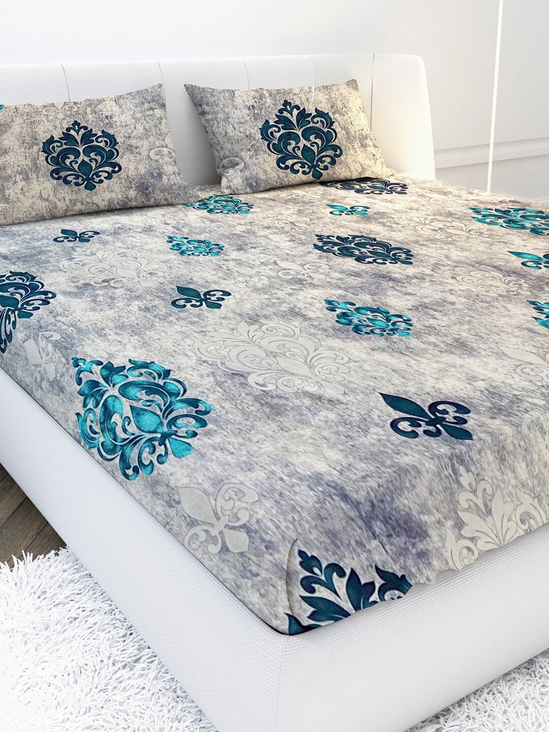 

MAYFAIR HOMES LONDON Blue & Grey Ethnic Motifs 210 TC King Bedsheet with 2 Pillow Covers