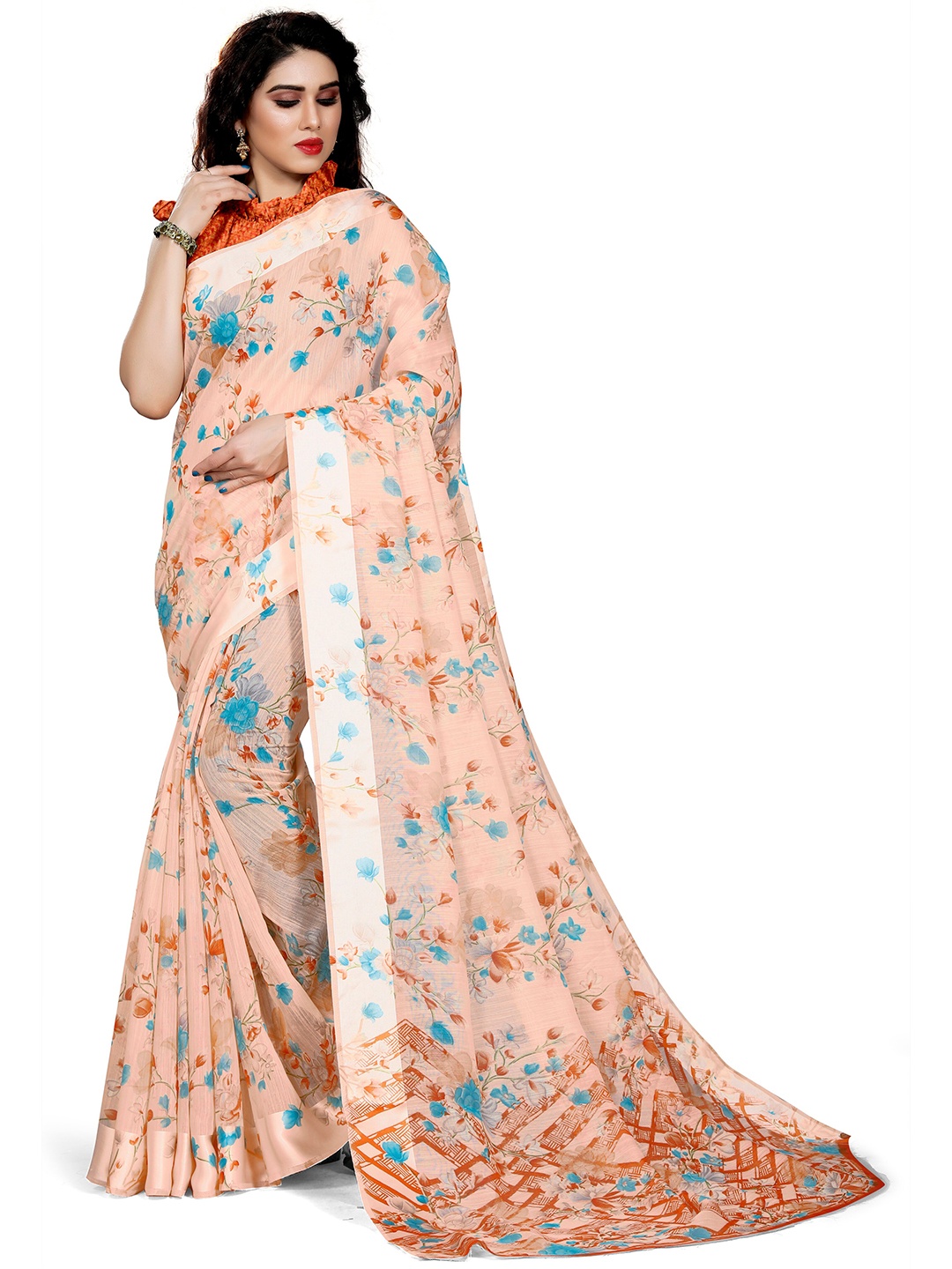 

KALINI Women Peach & Turquoise Floral Printed Saree