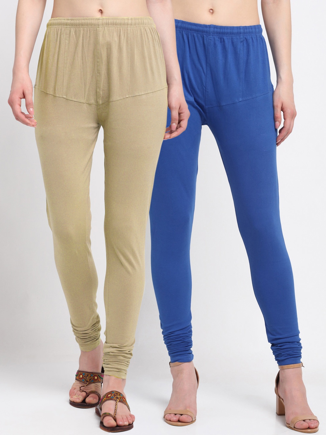 

KLOTTHE Women Pack Of 2 Beige & Blue Churidar-Length Cotton Leggings