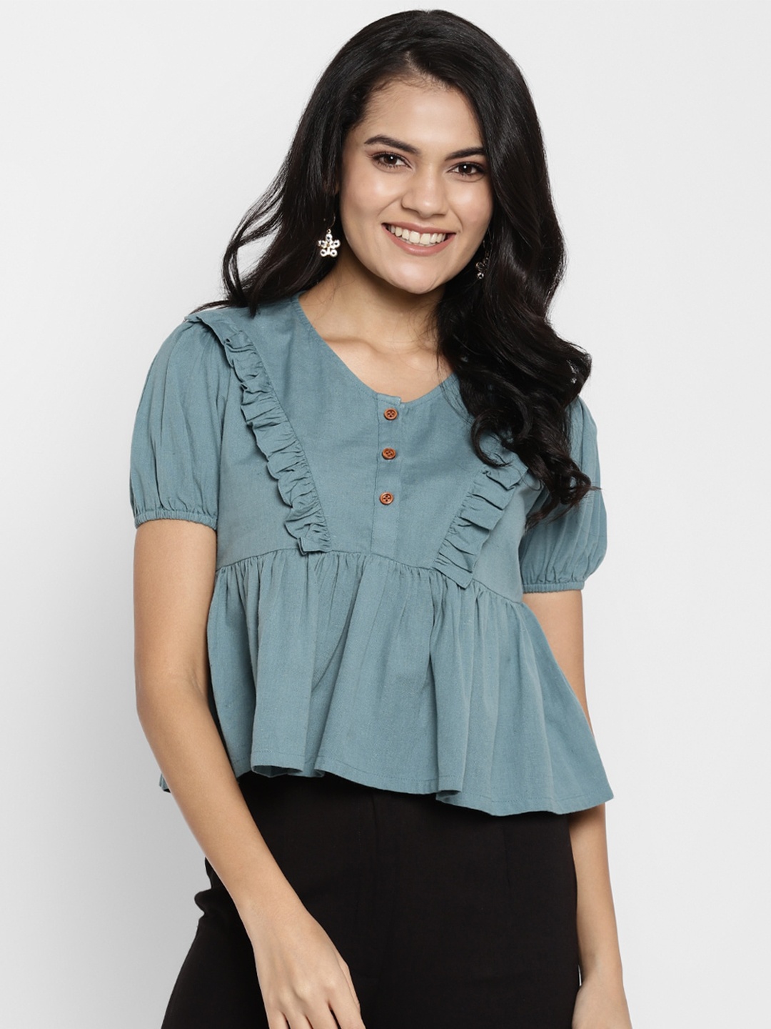 

DEEBACO Teal Blue Puff Sleeve Peplum Crop Top