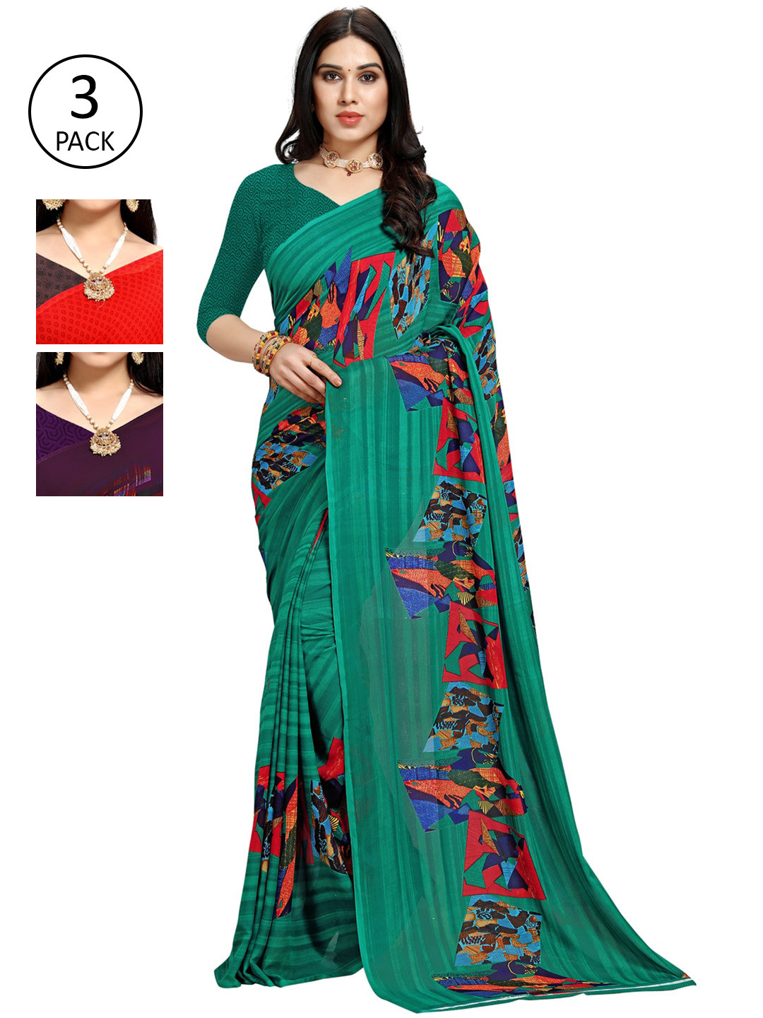 

KALINI Pack Of 3 Purple & Green Saree