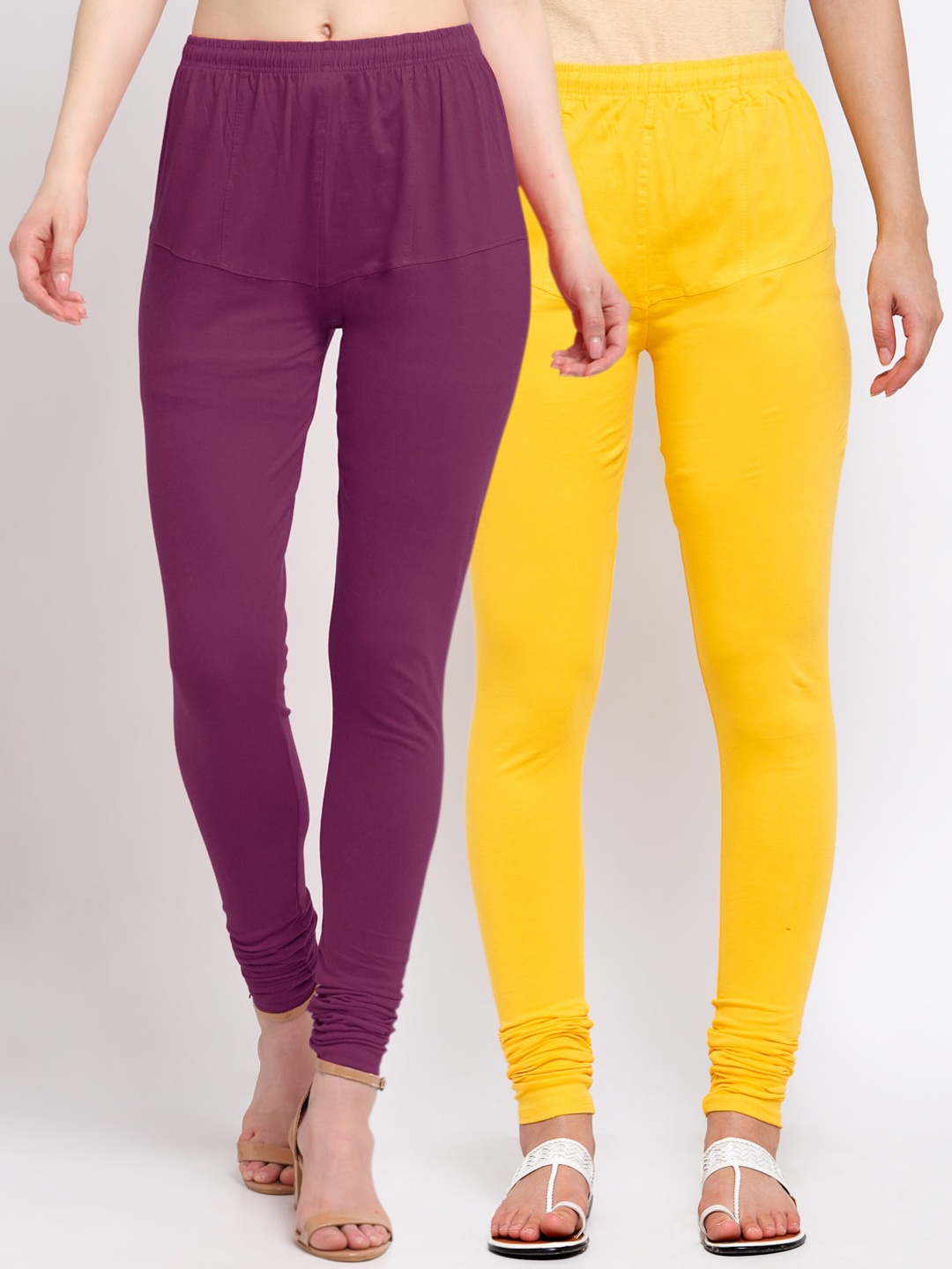 

KLOTTHE Women Pack of 2 Purple & Yellow Cotton Churidar-Length Leggings