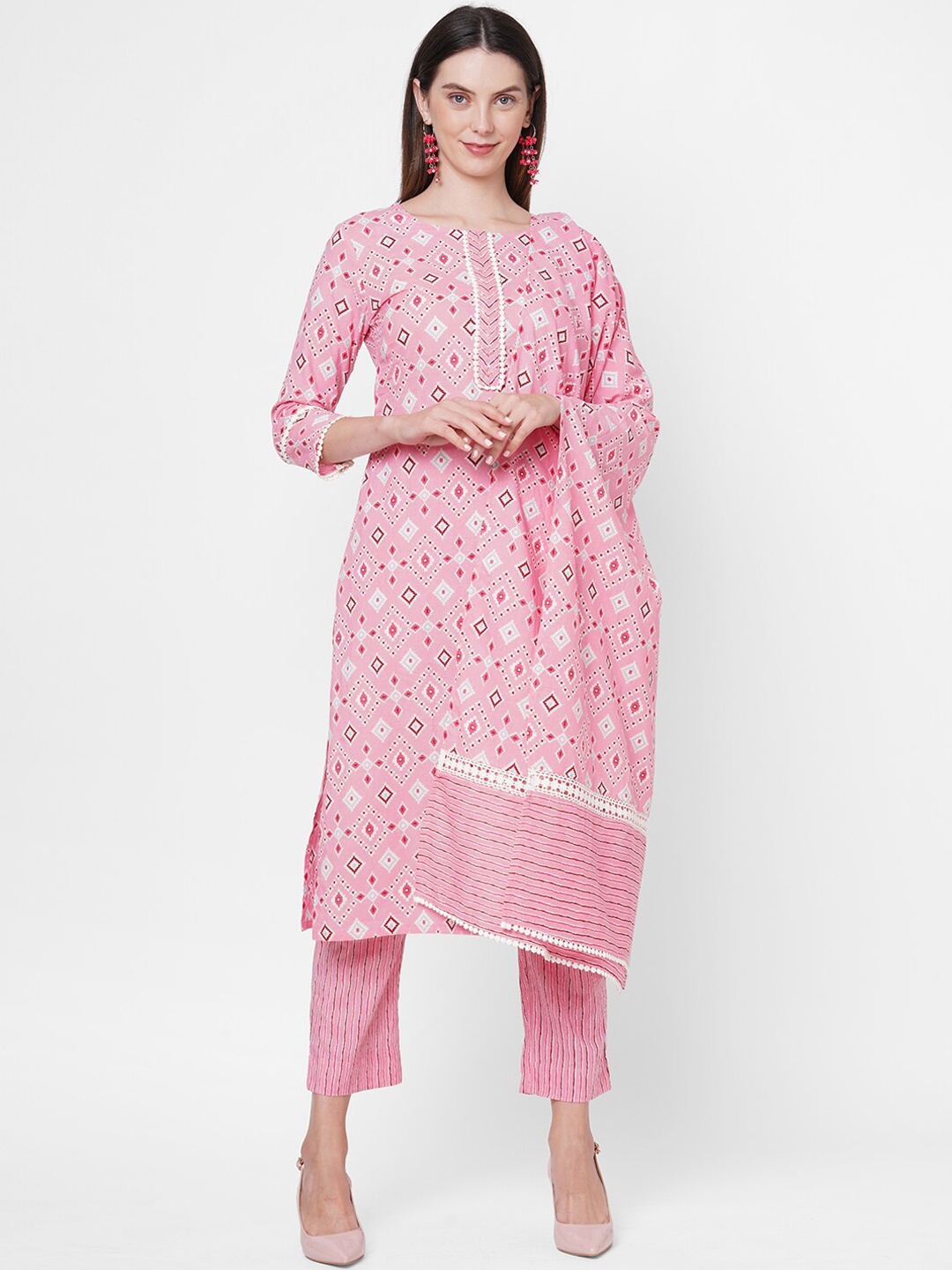 

FASHOR Women Pink Printed Angrakha Pure Cotton Kurta with Skirt & With Dupatta