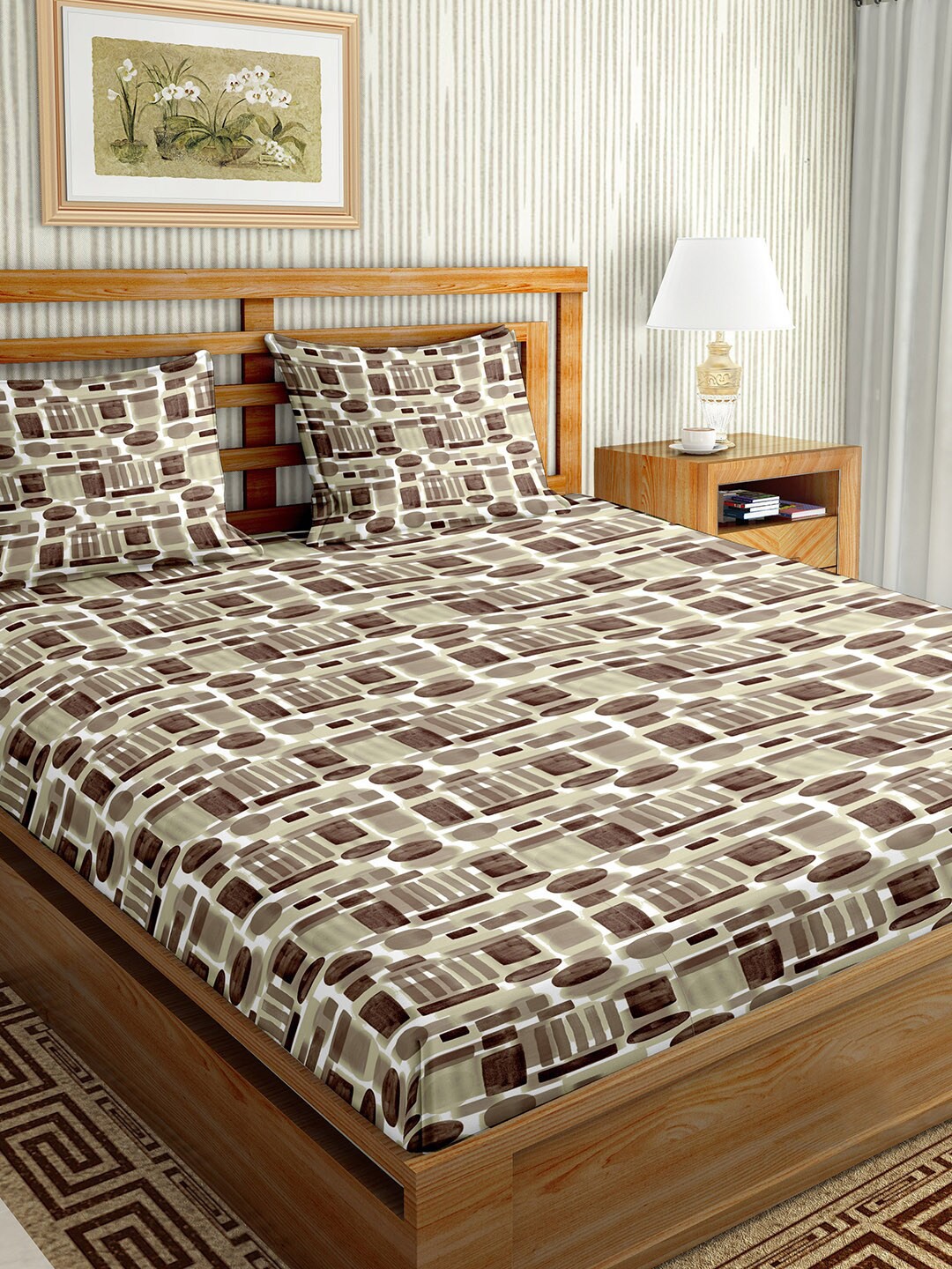 

BELLA CASA Brown & White Geometric 180 TC King Bedsheet with 2 Pillow Covers
