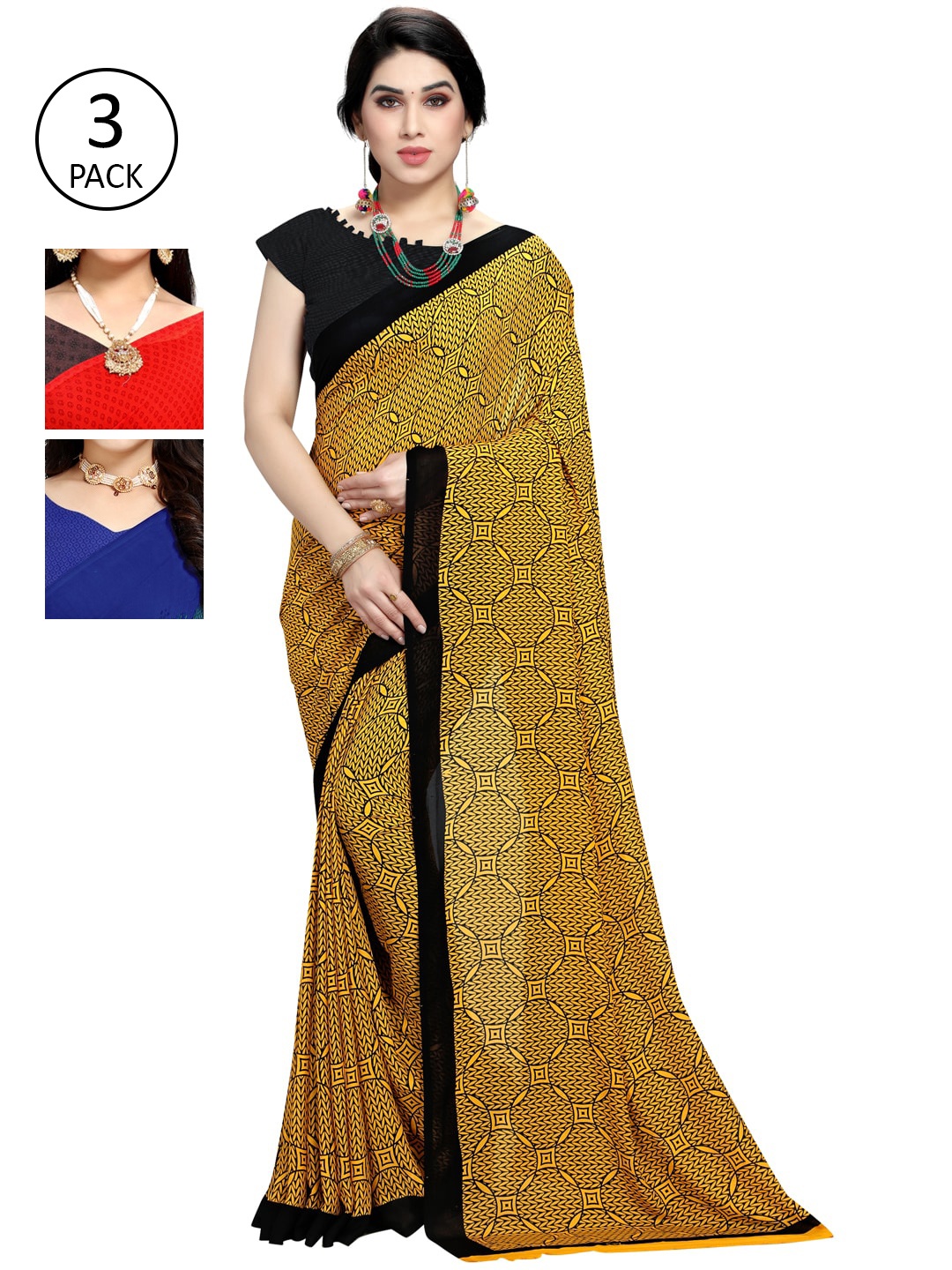 

KALINI Pack of 3 Printed Poly Geogrette Sarees, Blue