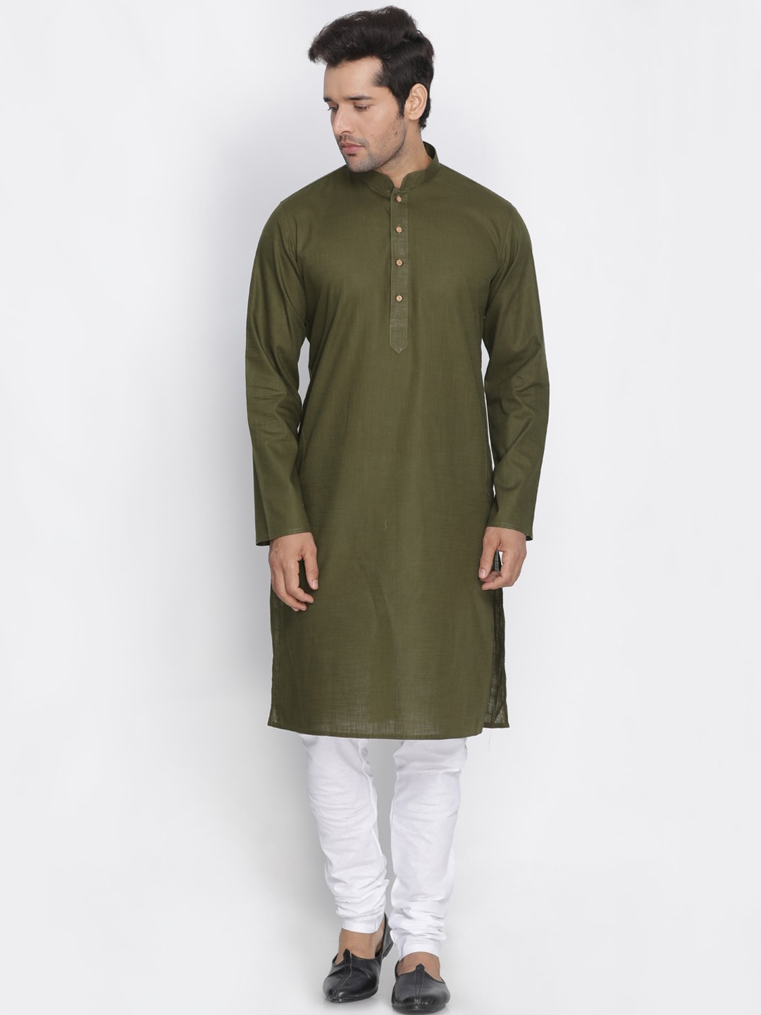 

VASTRAMAY Men Olive Green & White Cotton Linen Straight Kurta With Churidar