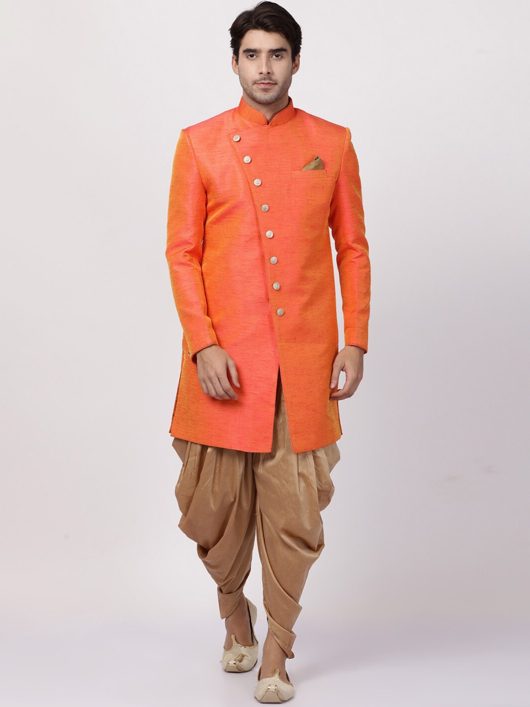 

VASTRAMAY Men Orange & Gold-Coloured Solid Sherwani Set