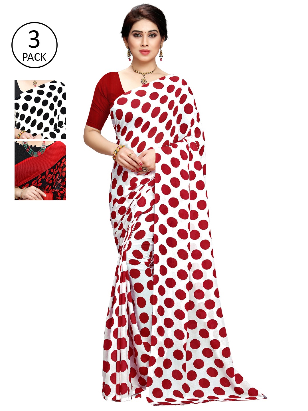 

KALINI Pack Of 3 Printed Poly Georgette Sarees, Red