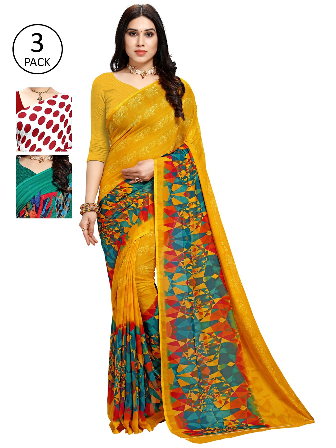 

KALINI Pack of 3 Printed Saree, Yellow