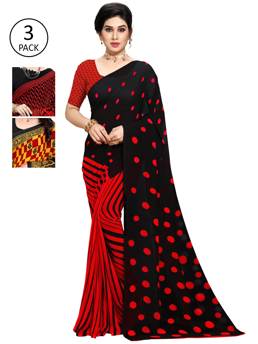 

KALINI Multicolour Printed Poly Georgette Daily Wear Sarees-Pack of 3, Red