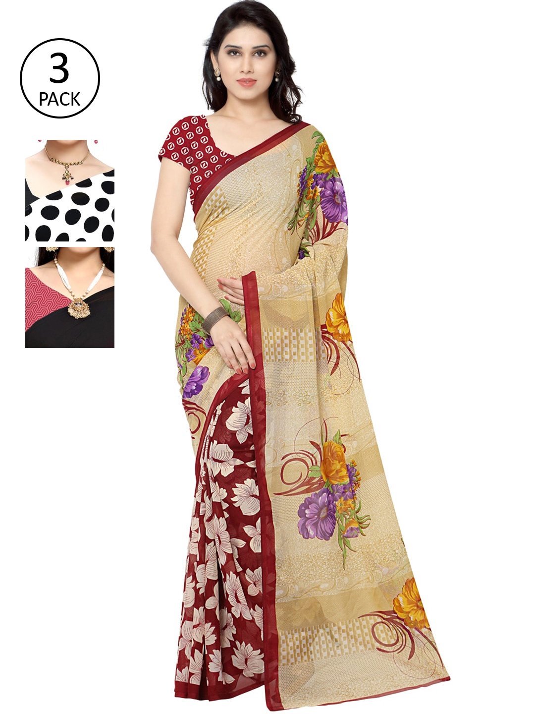 

KALINI Pack Of Three Printed Saree, White