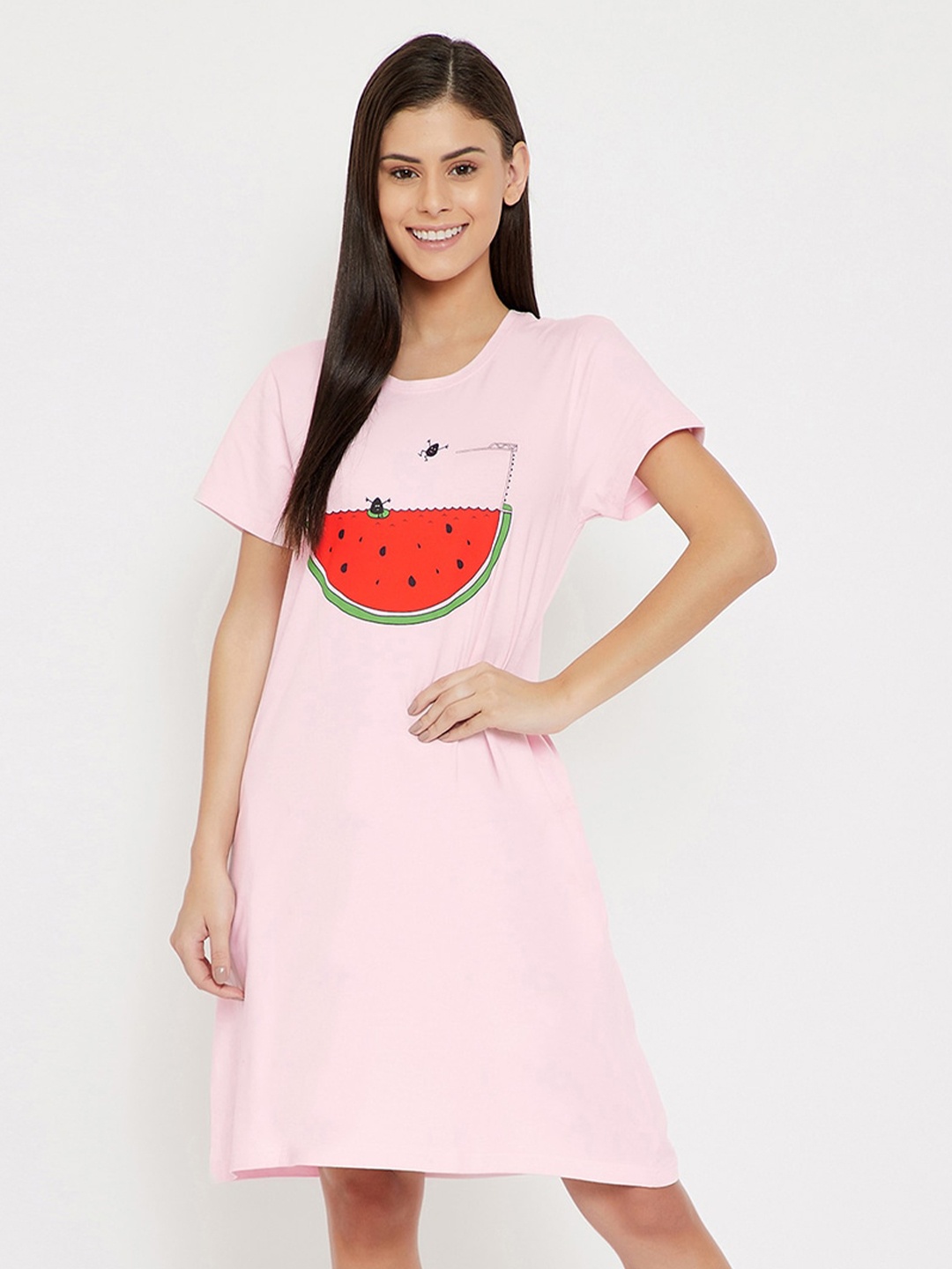 

Clovia Pink & Red Printed Sleep Shirt