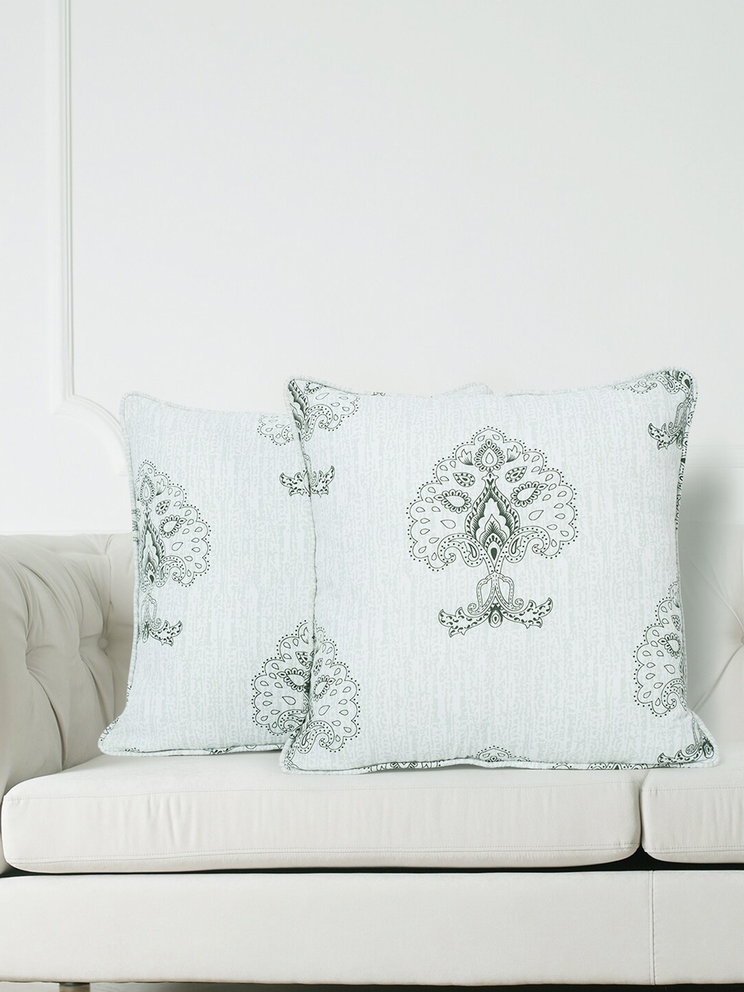 

SWAYAM White & Green Set of 2 Ethnic Motifs Square Cushion Covers