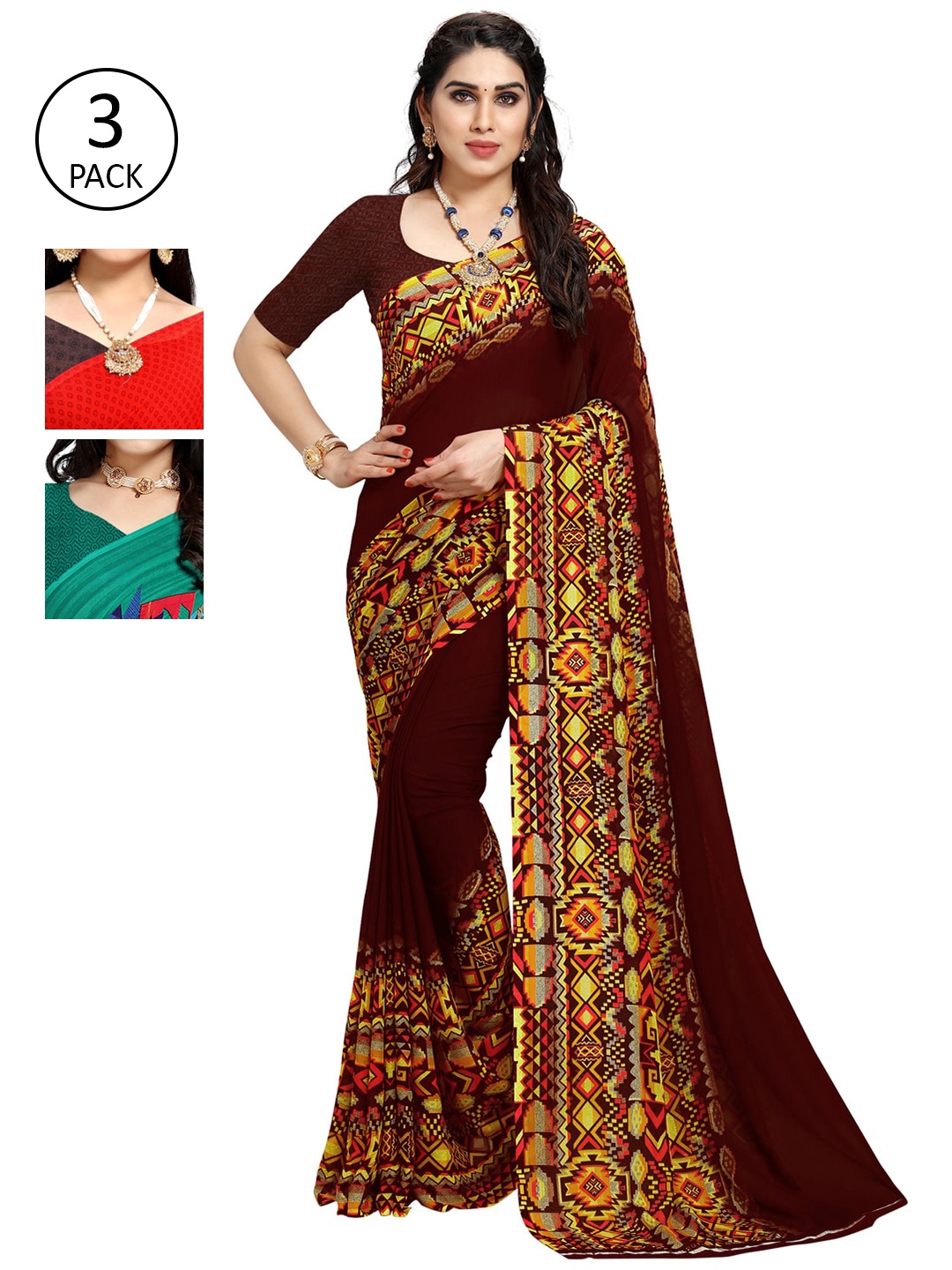 

KALINI Pack Of 3 Printed Poly Georgette Sarees, Red