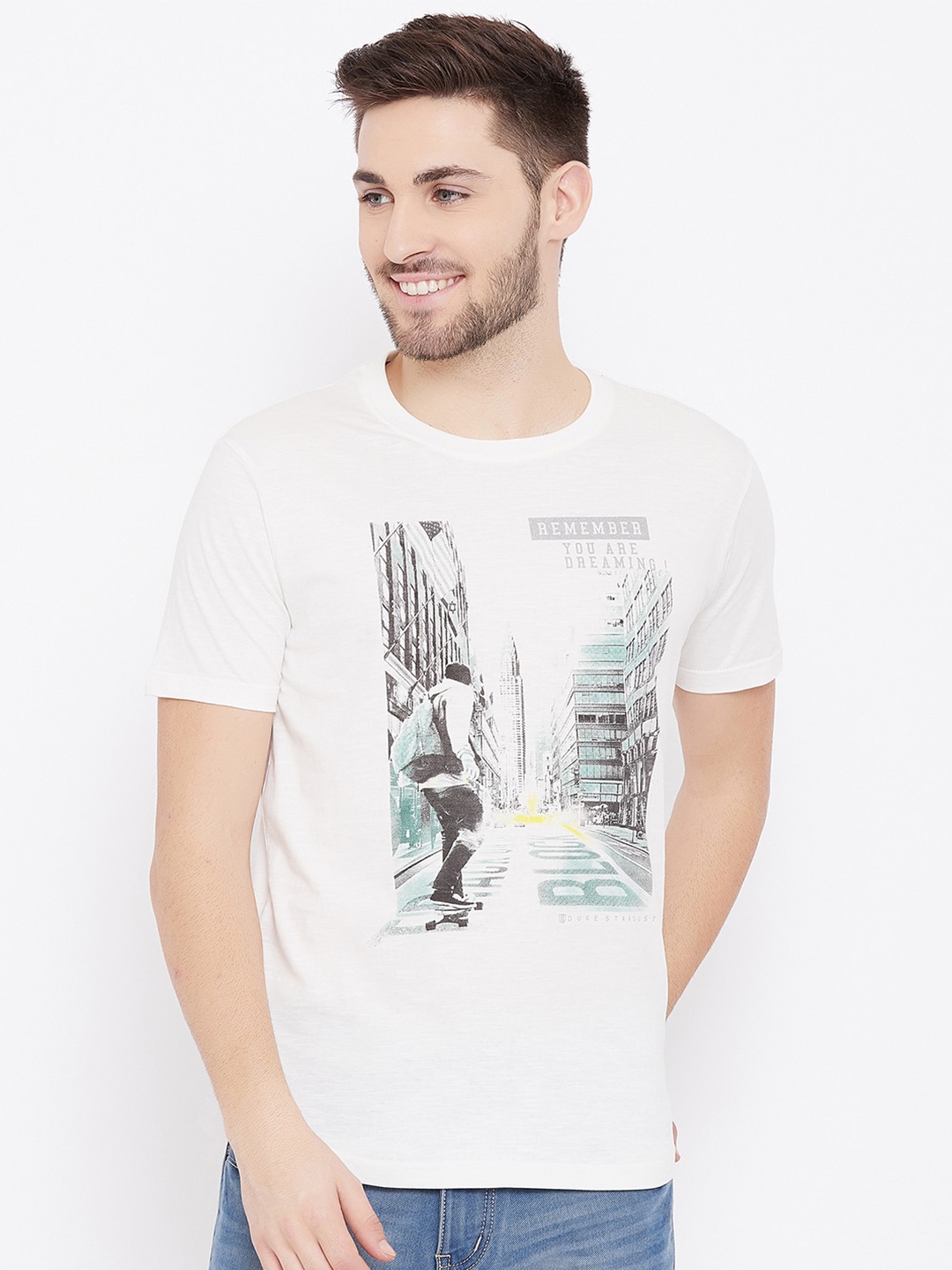 

Duke Men White & Grey Printed Slim Fit T-shirt