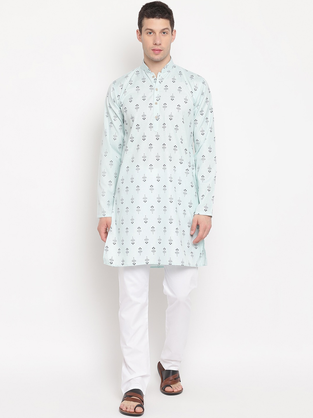 

Aj DEZInES Men Blue Ethnic Motifs Printed Pure Cotton Kurta with Pyjamas