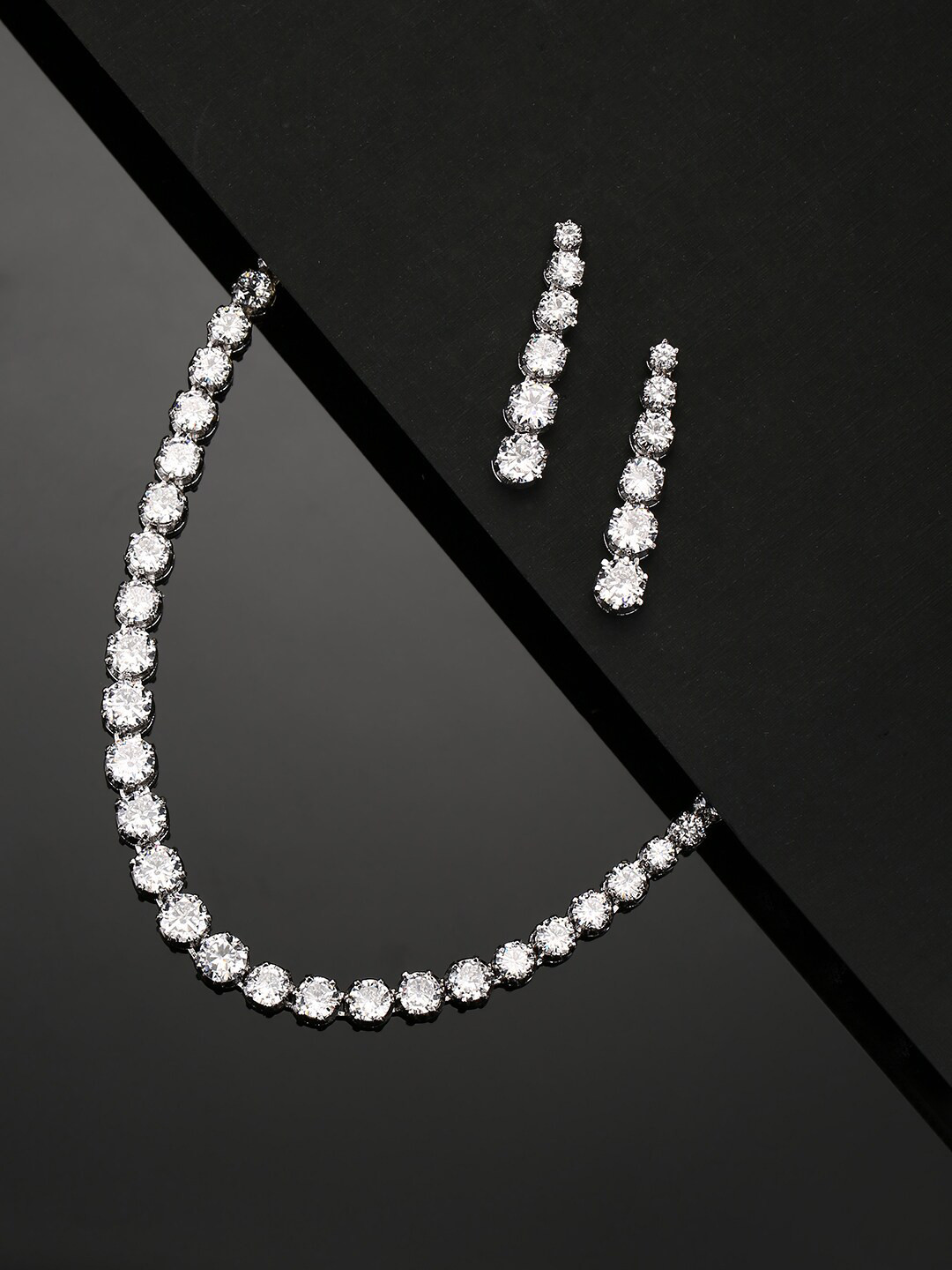 

Priyaasi Silver-Plated & White American Diamond Studded Jewellery Set