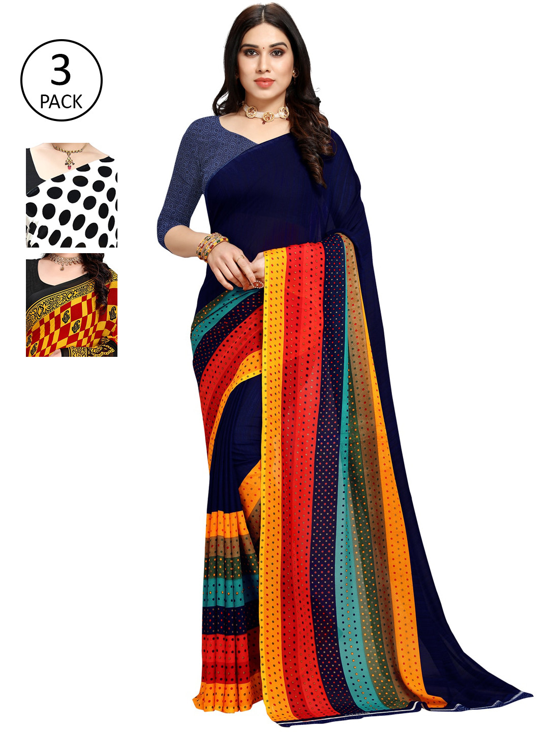 

KALINI Set of 3 Navy Blue, White & Yellow Printed Sarees