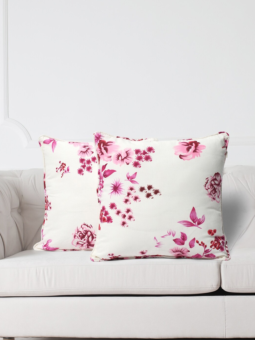 

SWAYAM White & Pink Set of 2 Floral Square Cushion Covers