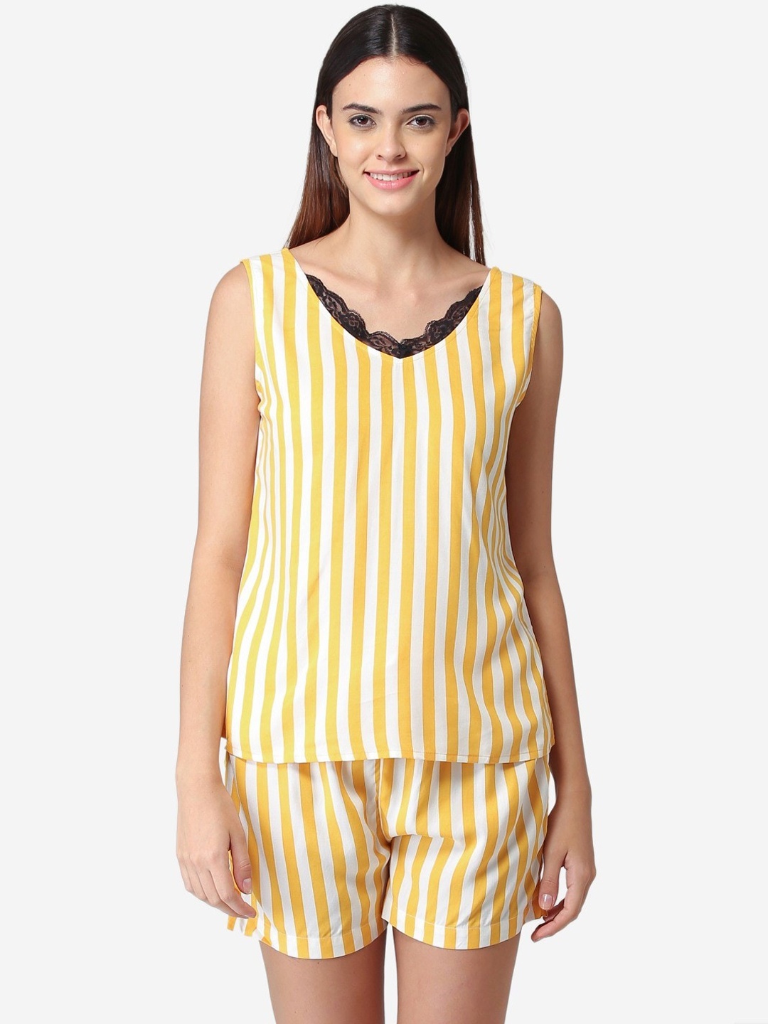 

Fluffalump Women Yellow & White Striped Night suit