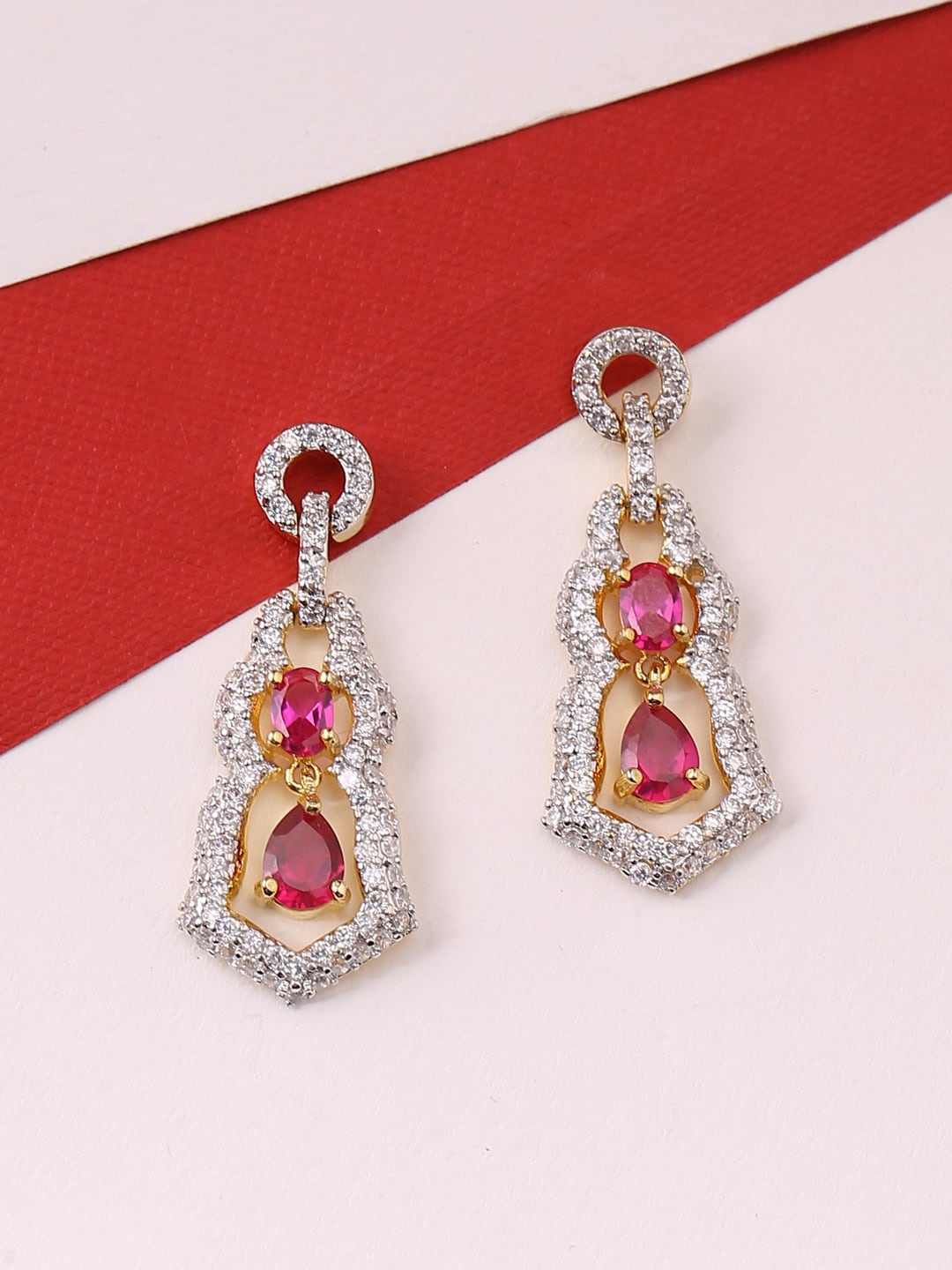 

Tistabene Women White & Red Stones Studded Contemporary Drop Earrings