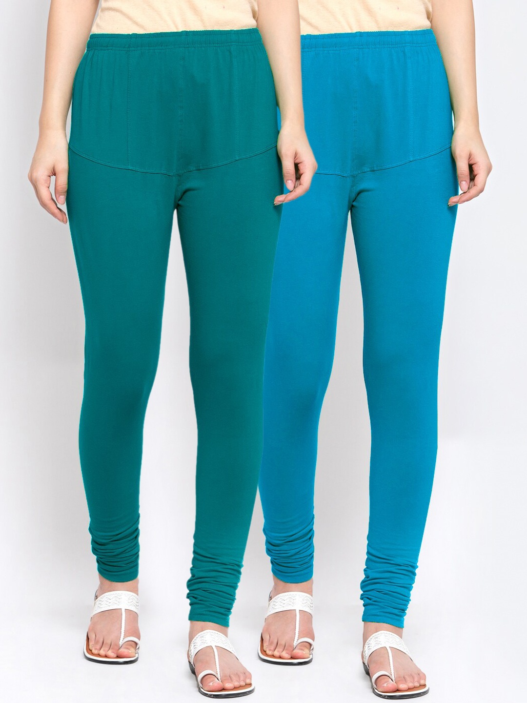 

KLOTTHE Women Pack Of 2 Teal & Blue Solid Churidar-Length Cotton Leggings