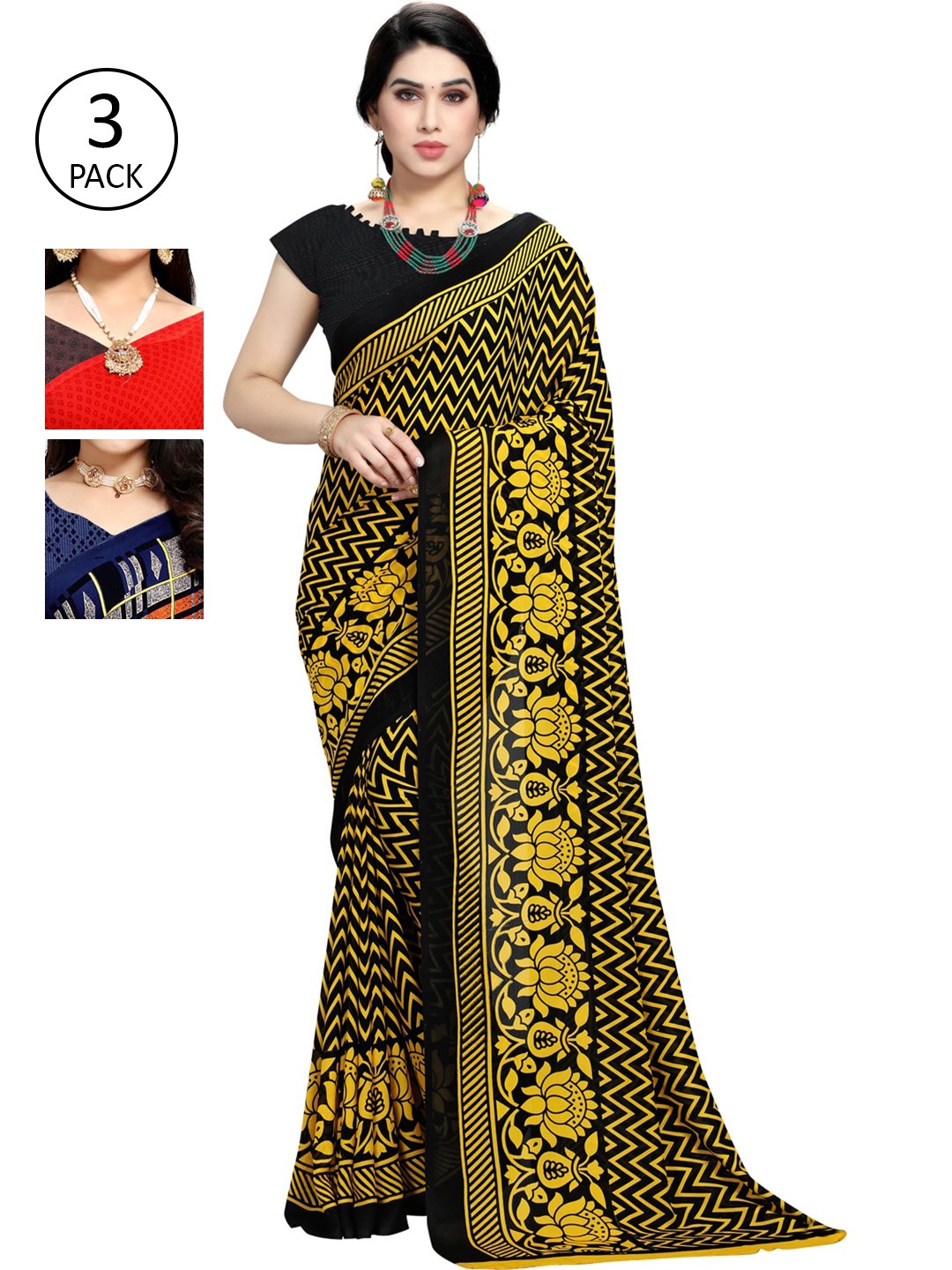 

KALINI Pack of 3 Printed Poly Georgette Sarees, Red