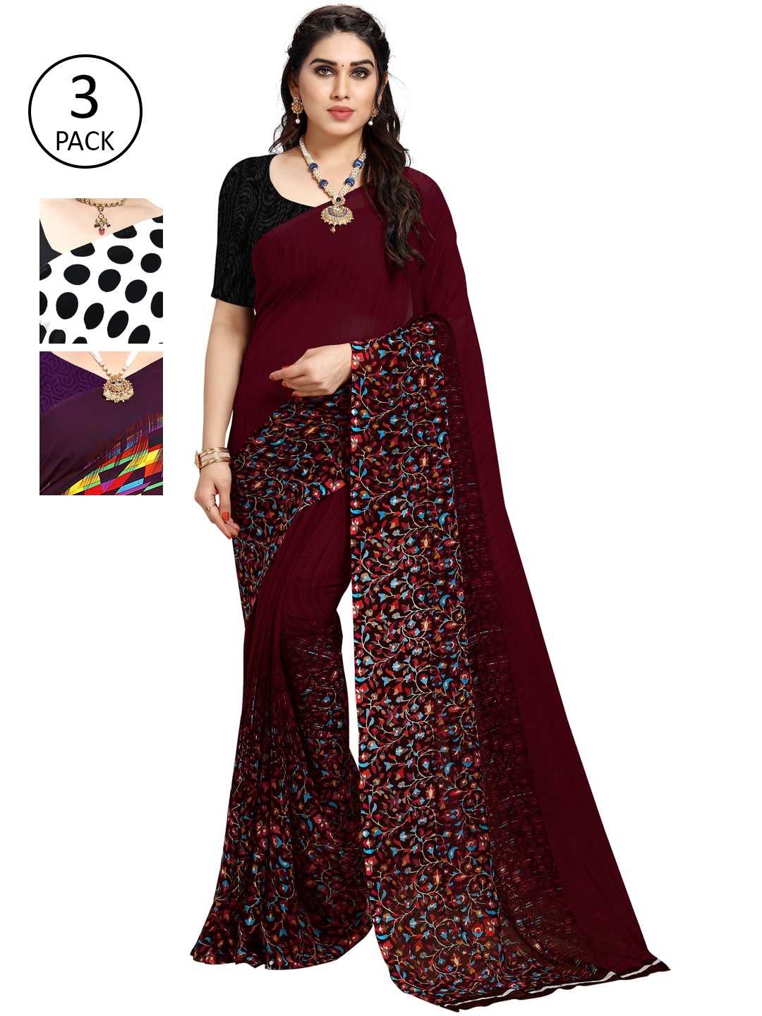 KALINI Women Pack of 3 Printed Sarees, White