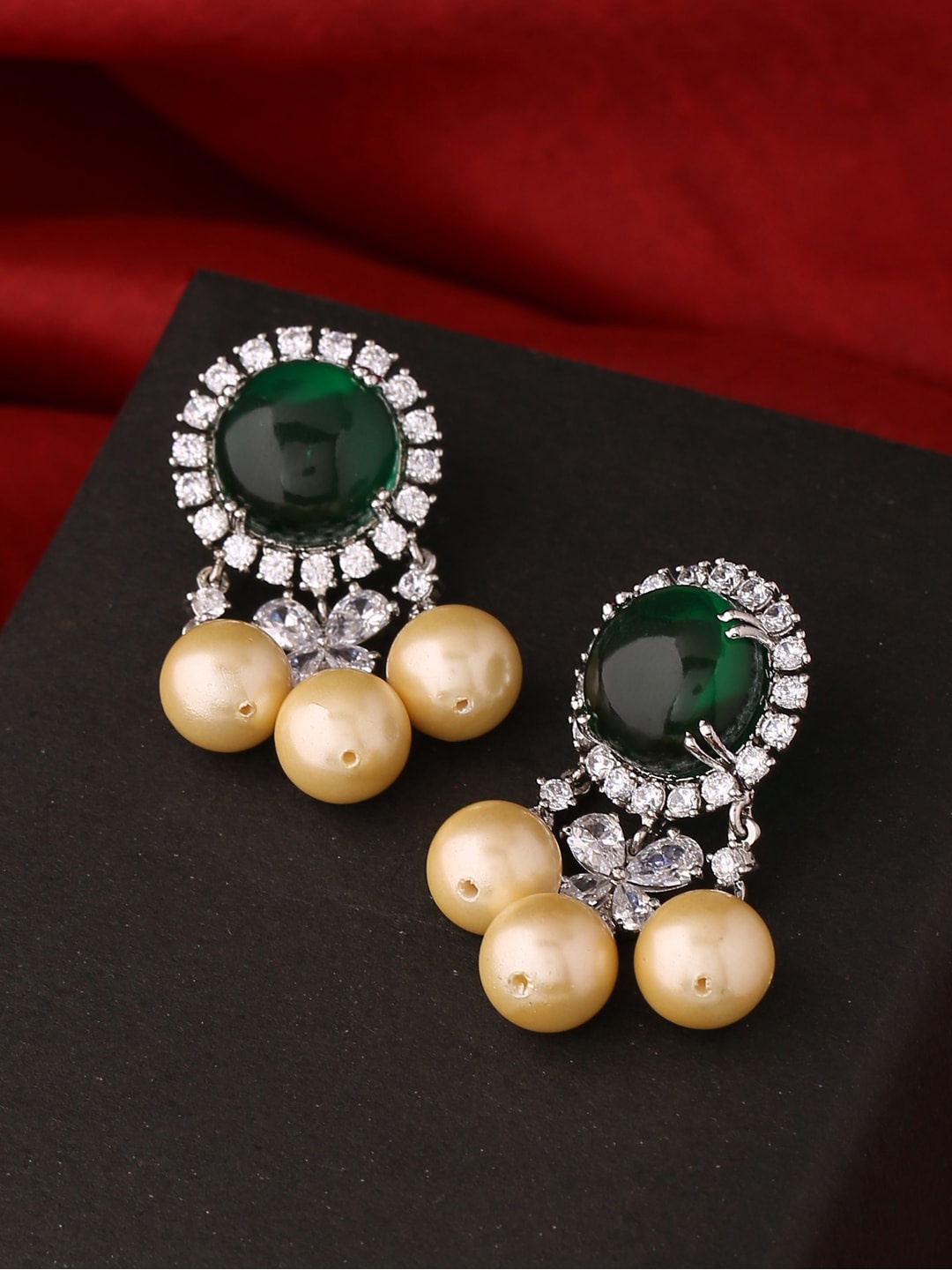 

Tistabene Gold-Toned Green Stone Studded & Pearl Beaded Contemporary Drop Earrings