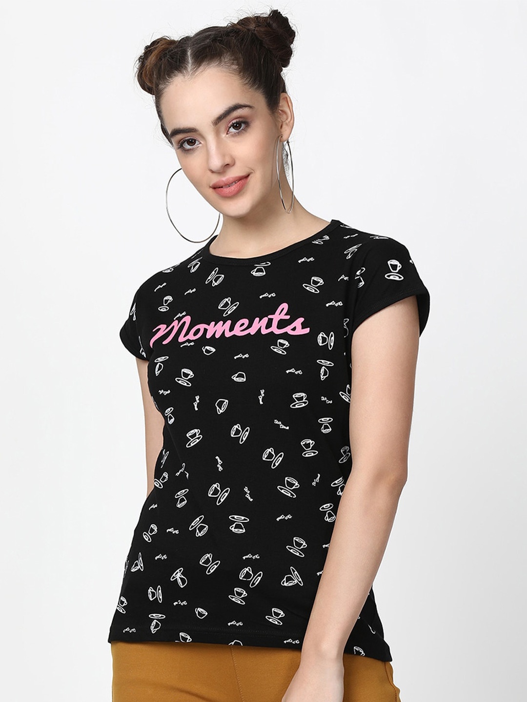 

V2 Value & Variety Black & Pink Pure Cotton Regular Top